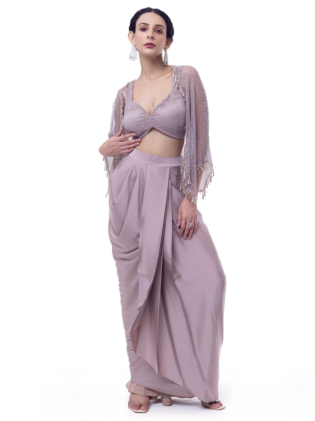 Beige satin indowestern suit