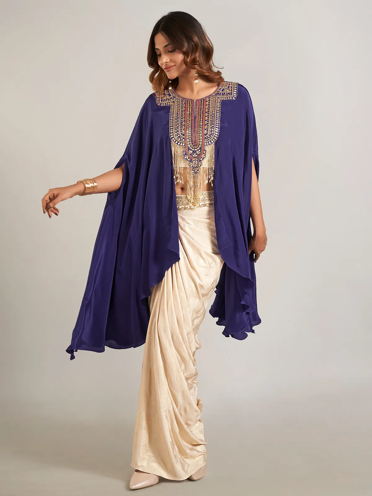 Beige silk designer indowestern suit