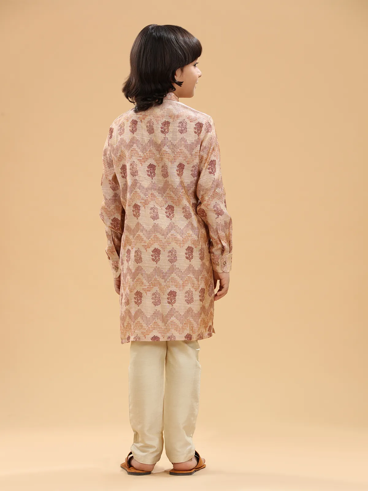 Peach boys silk kurta suit in printed