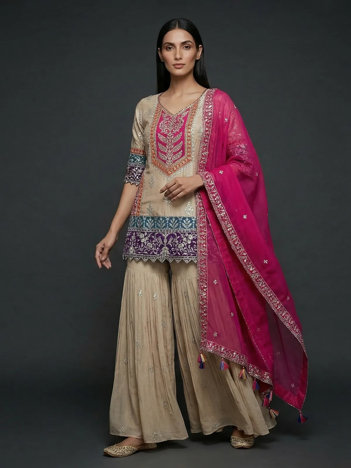 Beige silk sharara suit with elegant yoke design