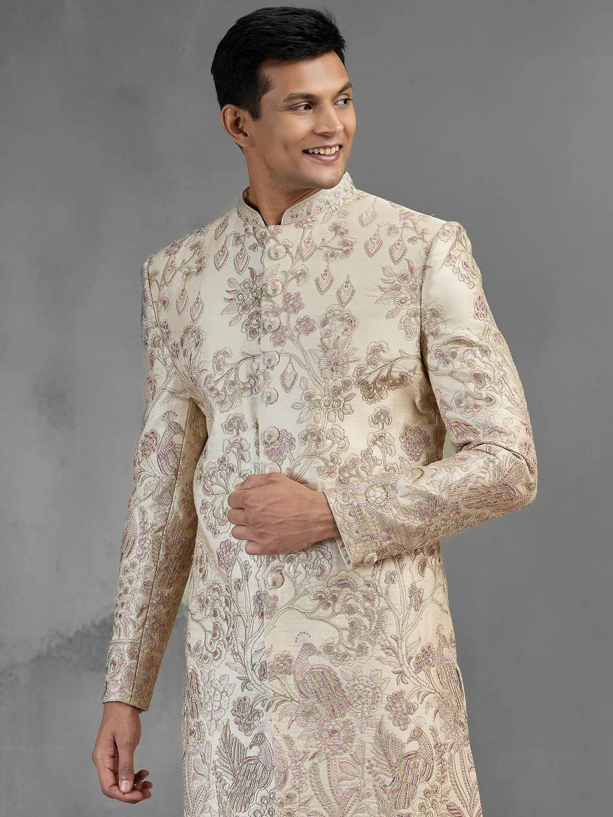 Beige silk sherwani with sequins and resham embroidery