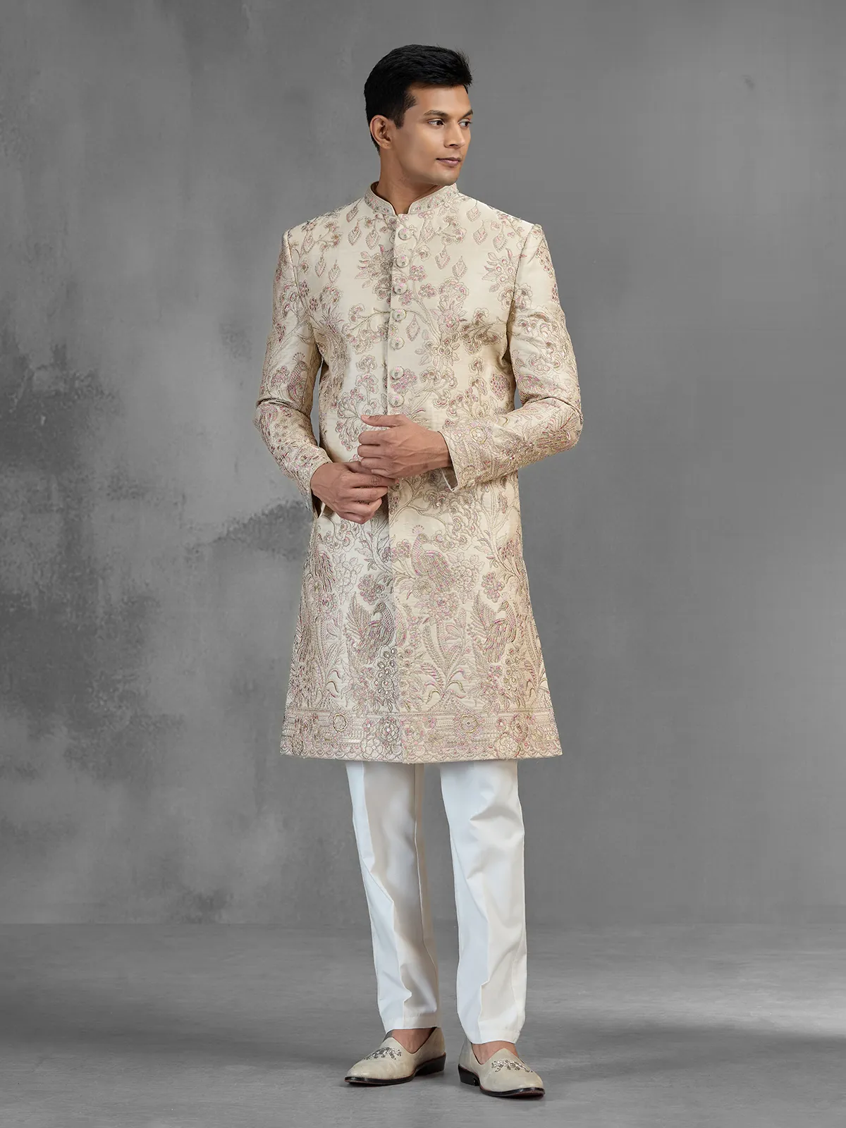 Beige silk sherwani with sequins and resham embroidery