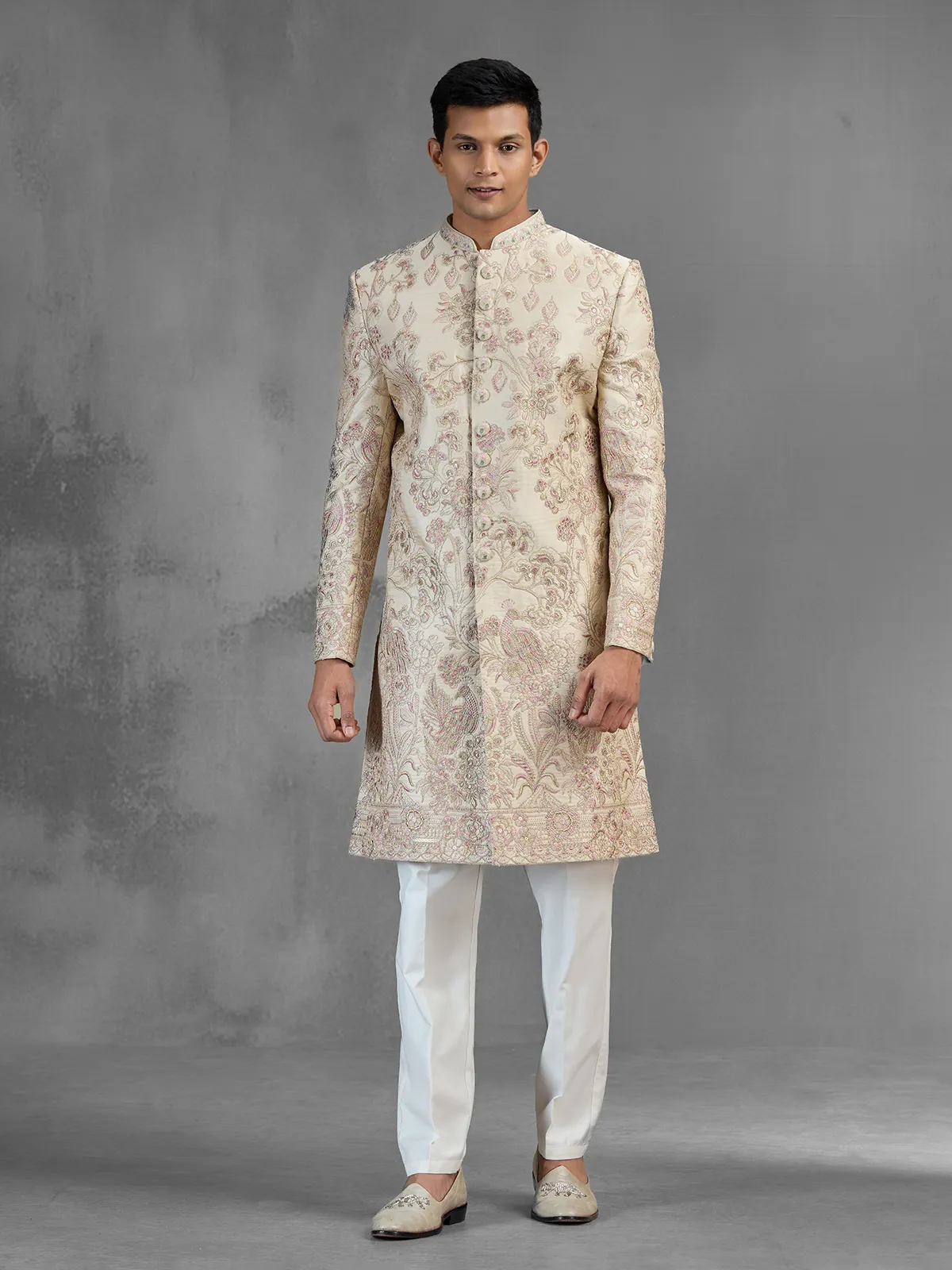 Beige silk sherwani with sequins and resham embroidery