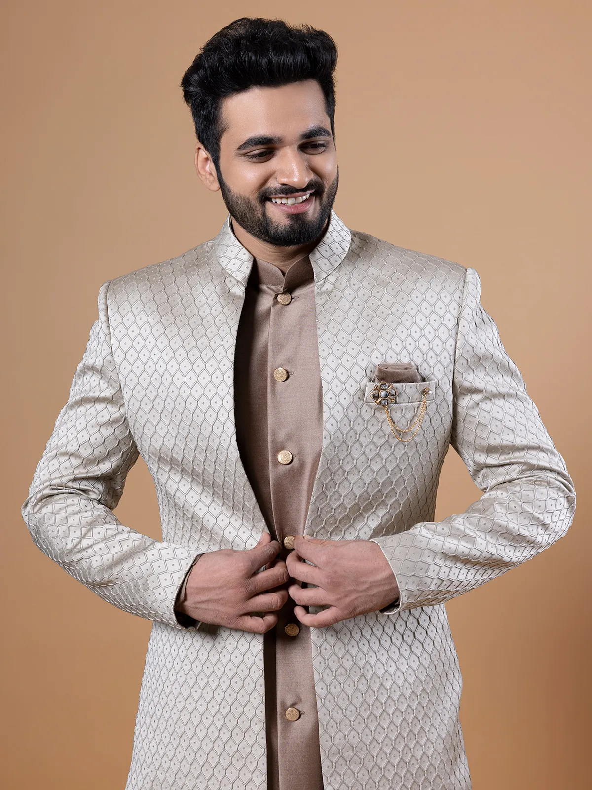 Beige silk textured indowestern