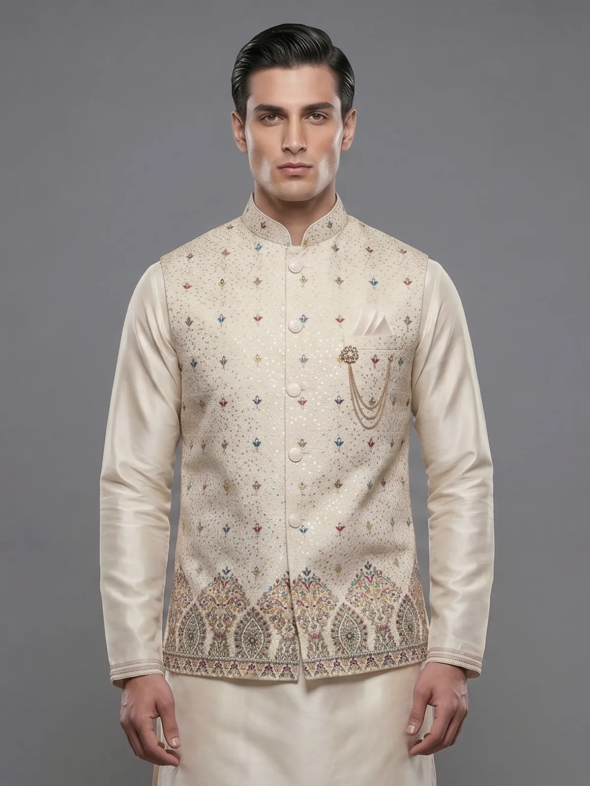 Beige silk waistcoat set with embroidered and sequins