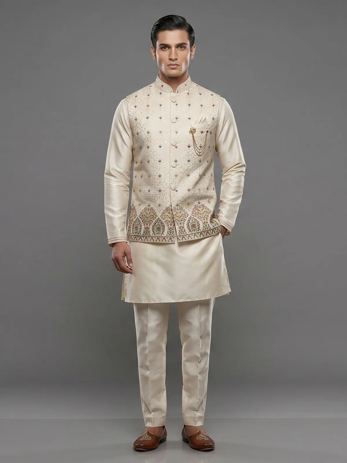 Beige silk waistcoat set with embroidered and sequins