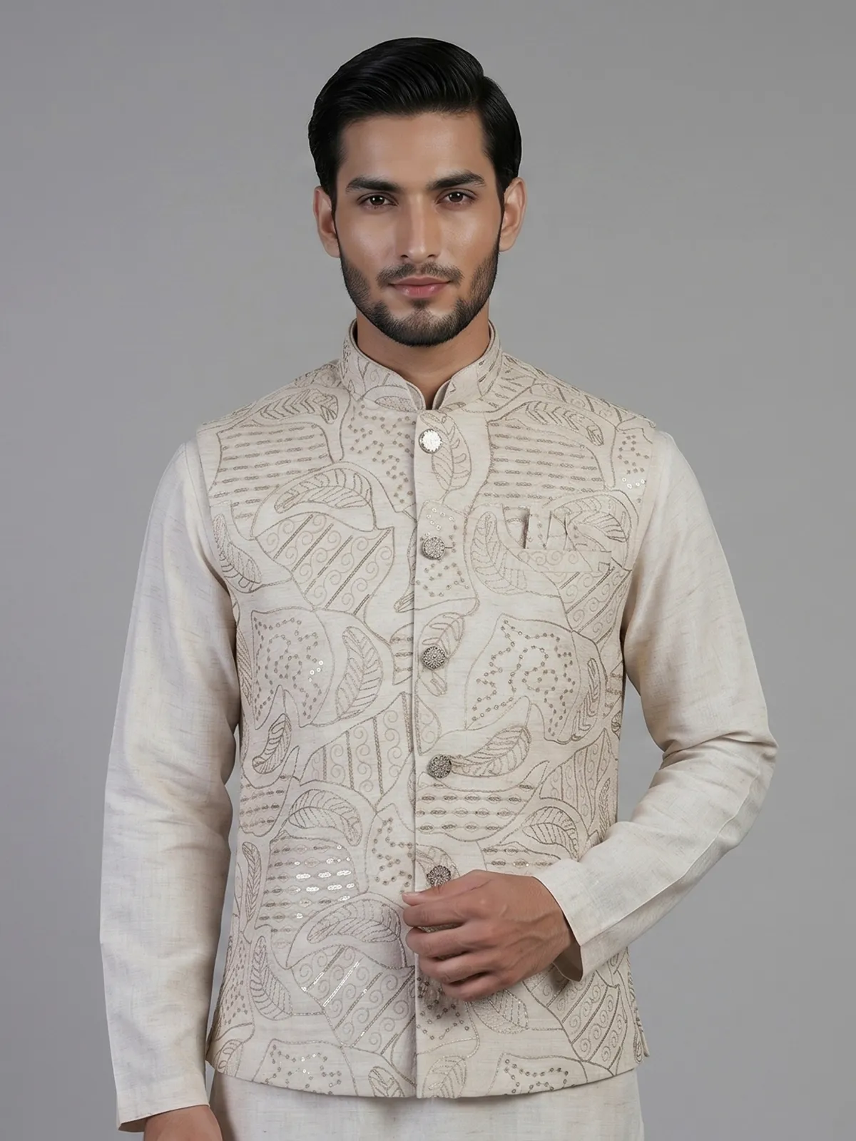 Beige silk waistcoat set with sequin and embroidery