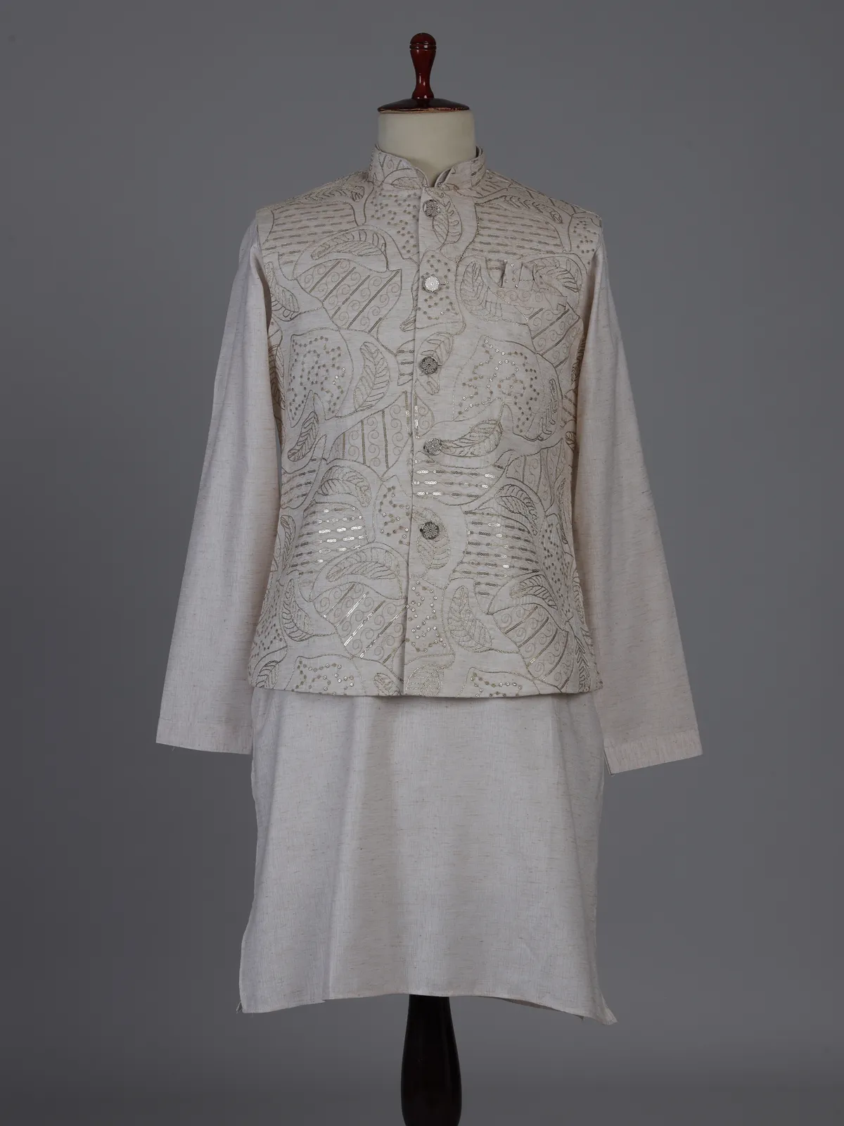 Beige silk waistcoat set with sequin and embroidery