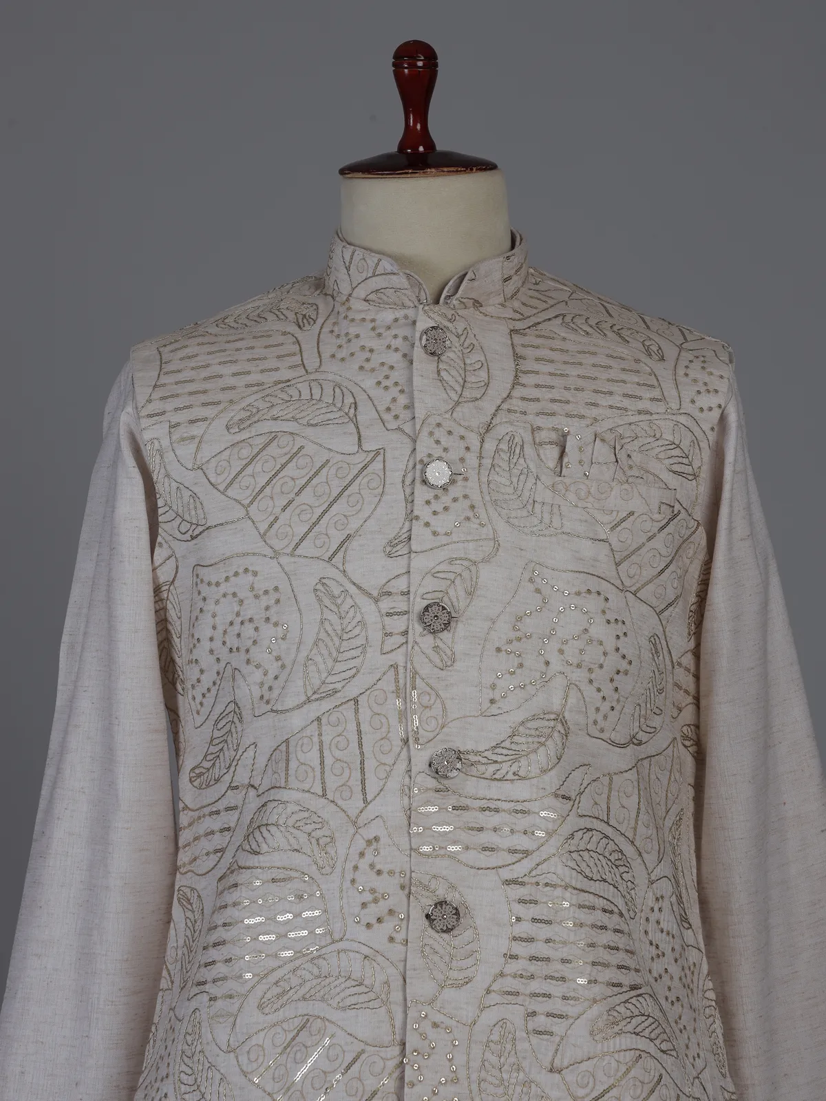 Beige silk waistcoat set with sequin and embroidery