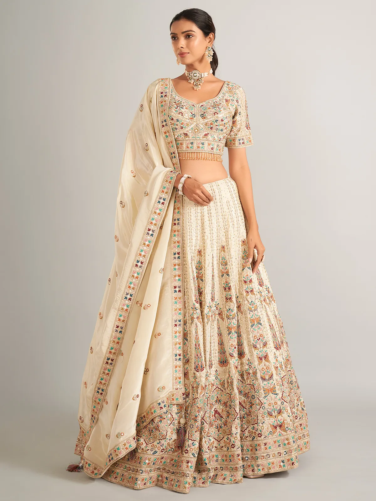 beige silk wedding wear lehenga choli for women