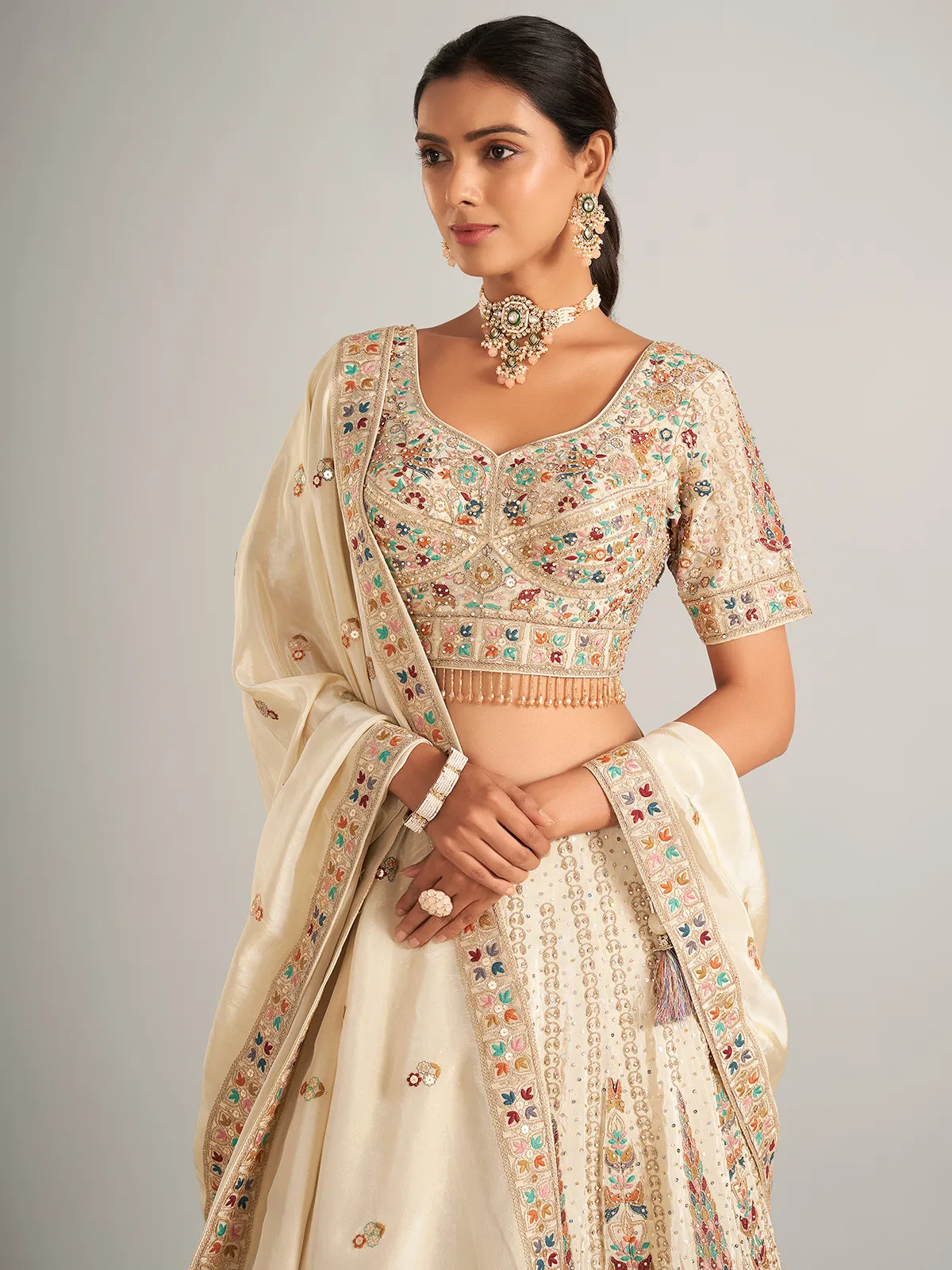 beige silk wedding wear lehenga choli for women