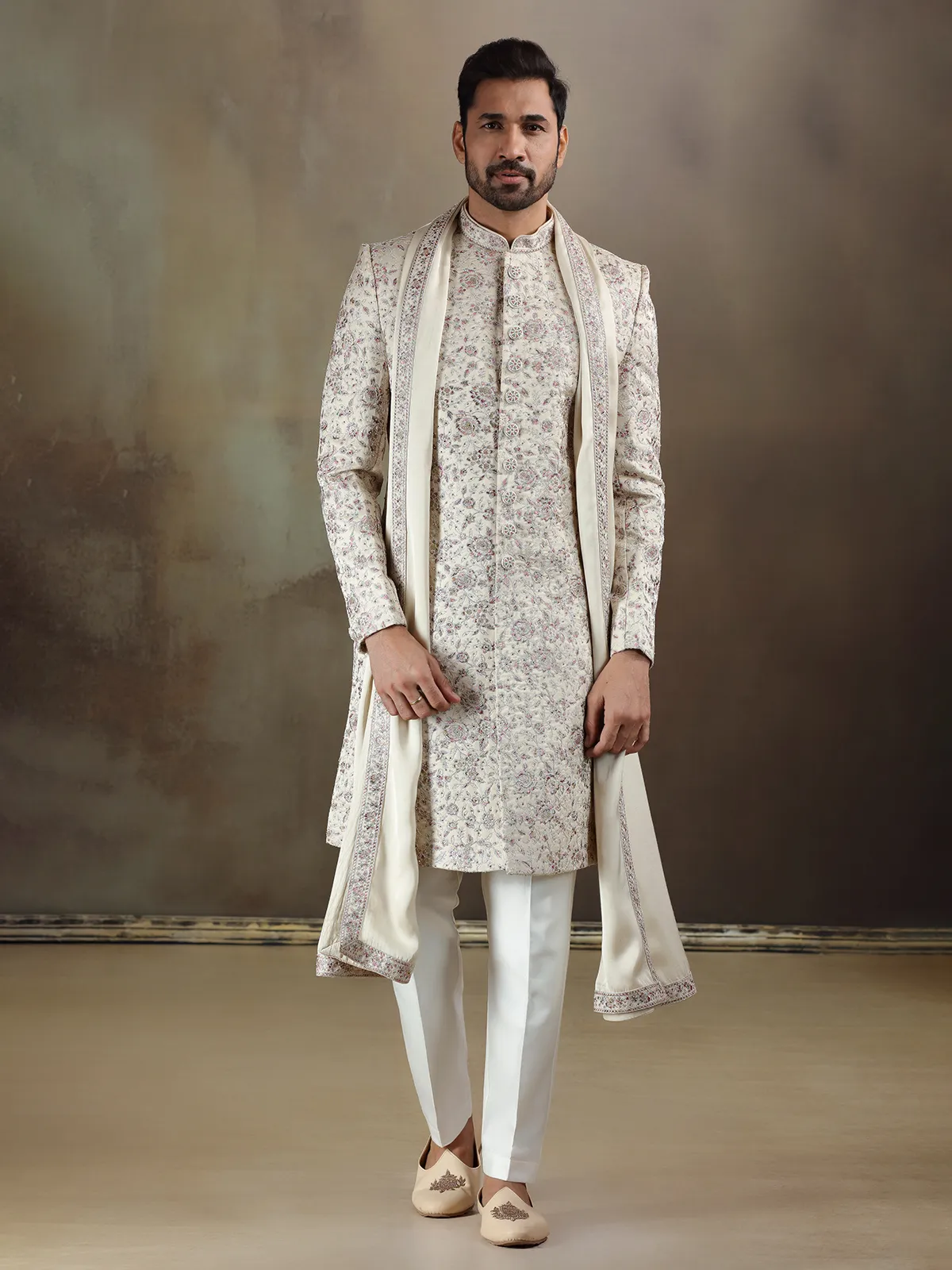 Beige tava silk sherwani with dupatta for mens