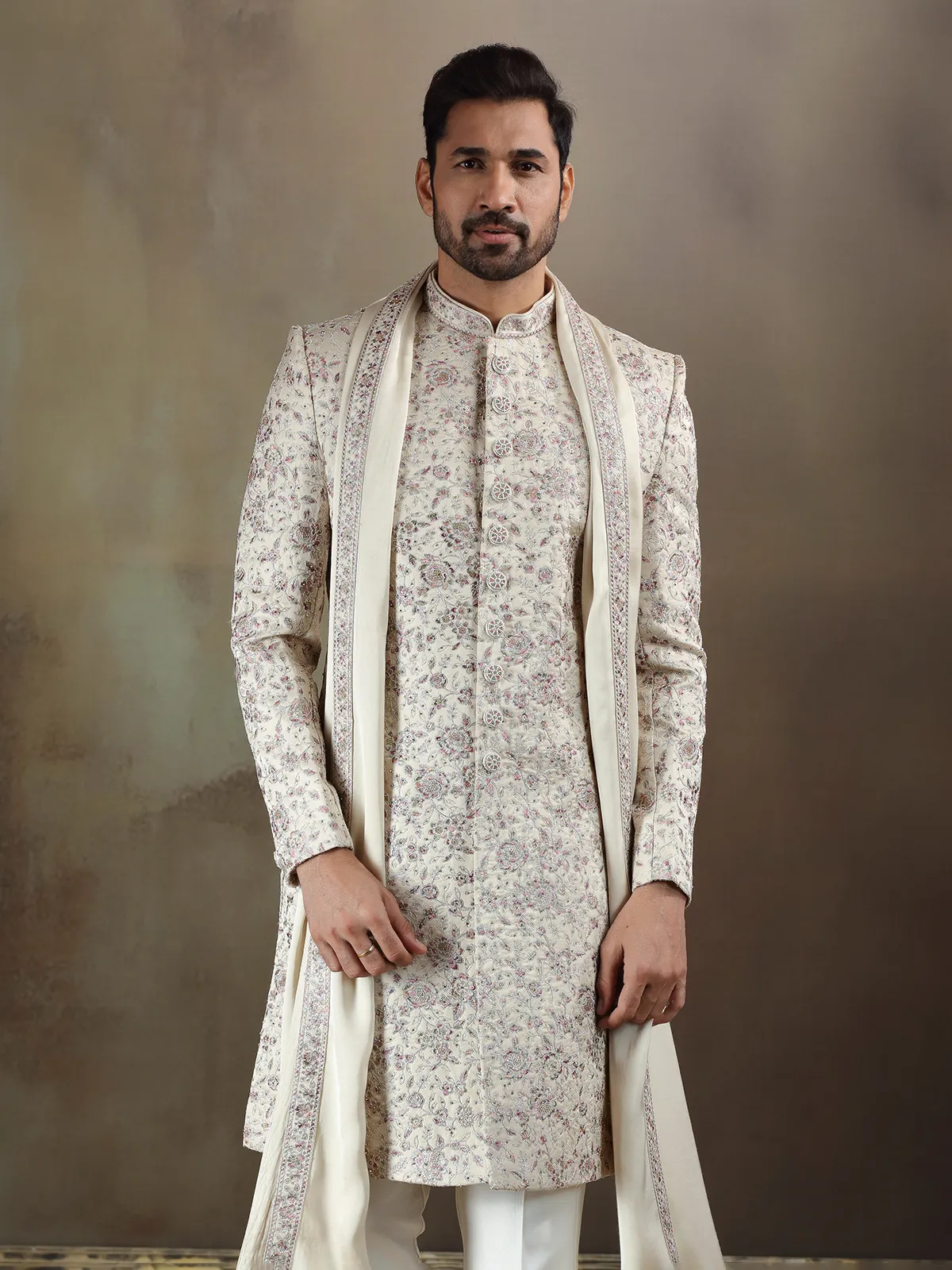 Beige tava silk sherwani with dupatta for mens