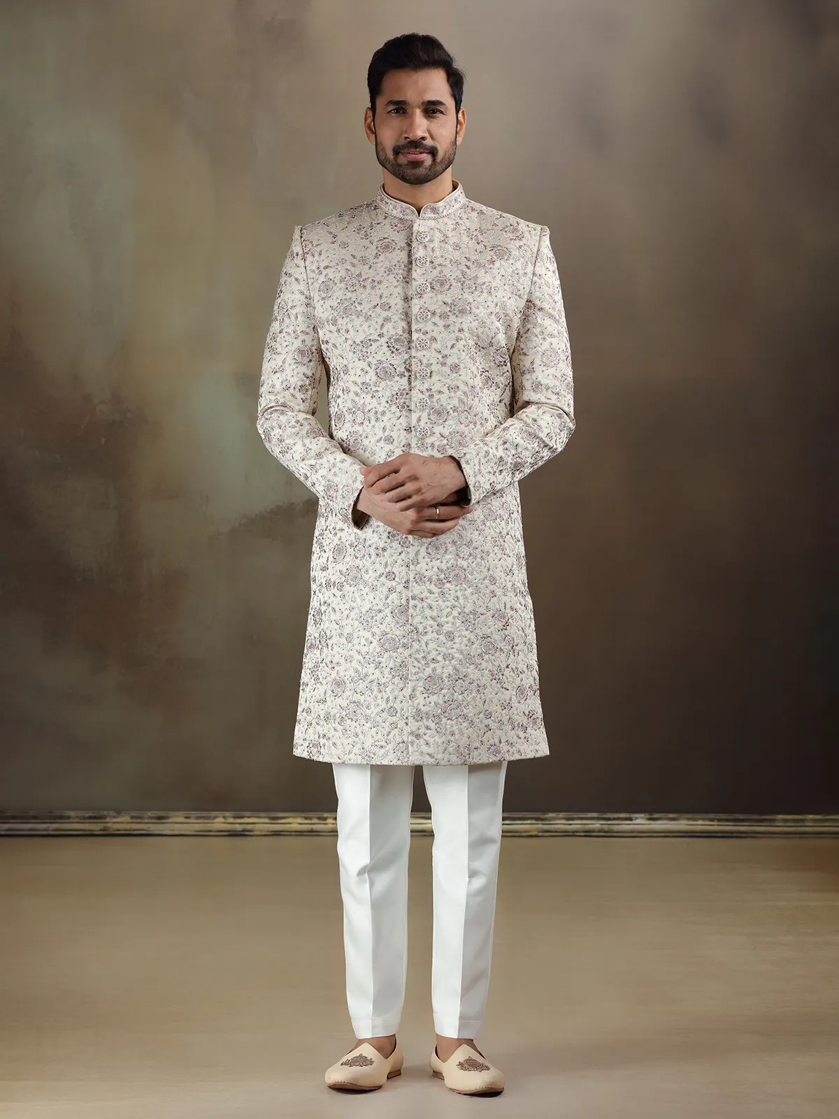Beige tava silk sherwani with dupatta for mens