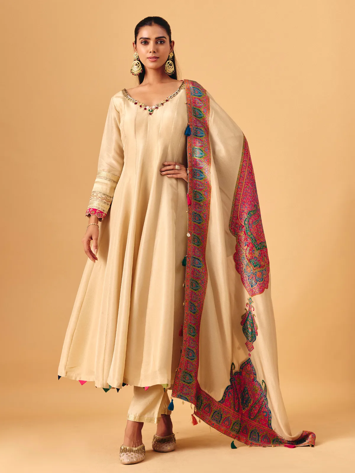 beige anarkali dress Neerus Beige Ethnic Embroidered Chinon Anarkali Suit Set