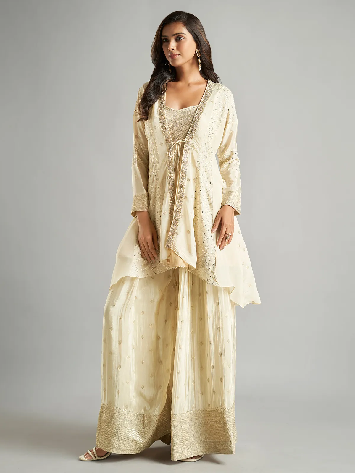 Beige tissue silk jacket style palazzo suit