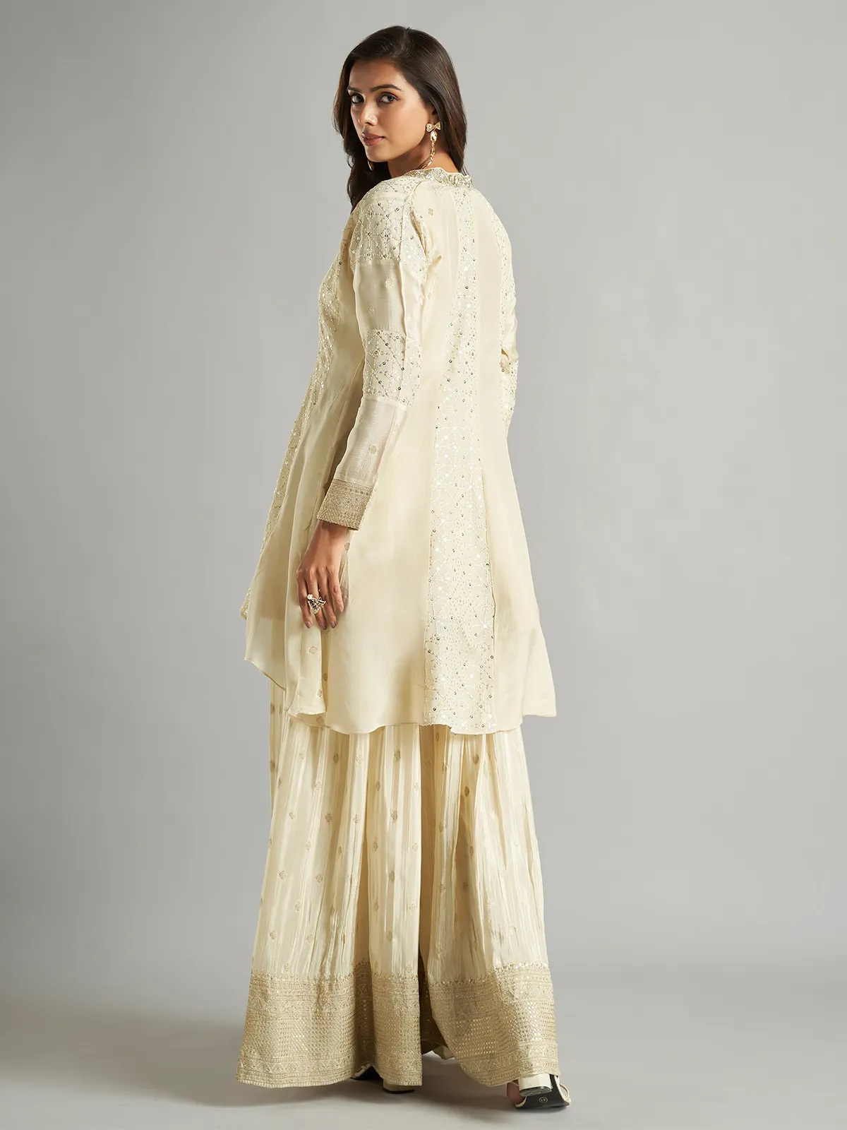 Beige tissue silk jacket style palazzo suit