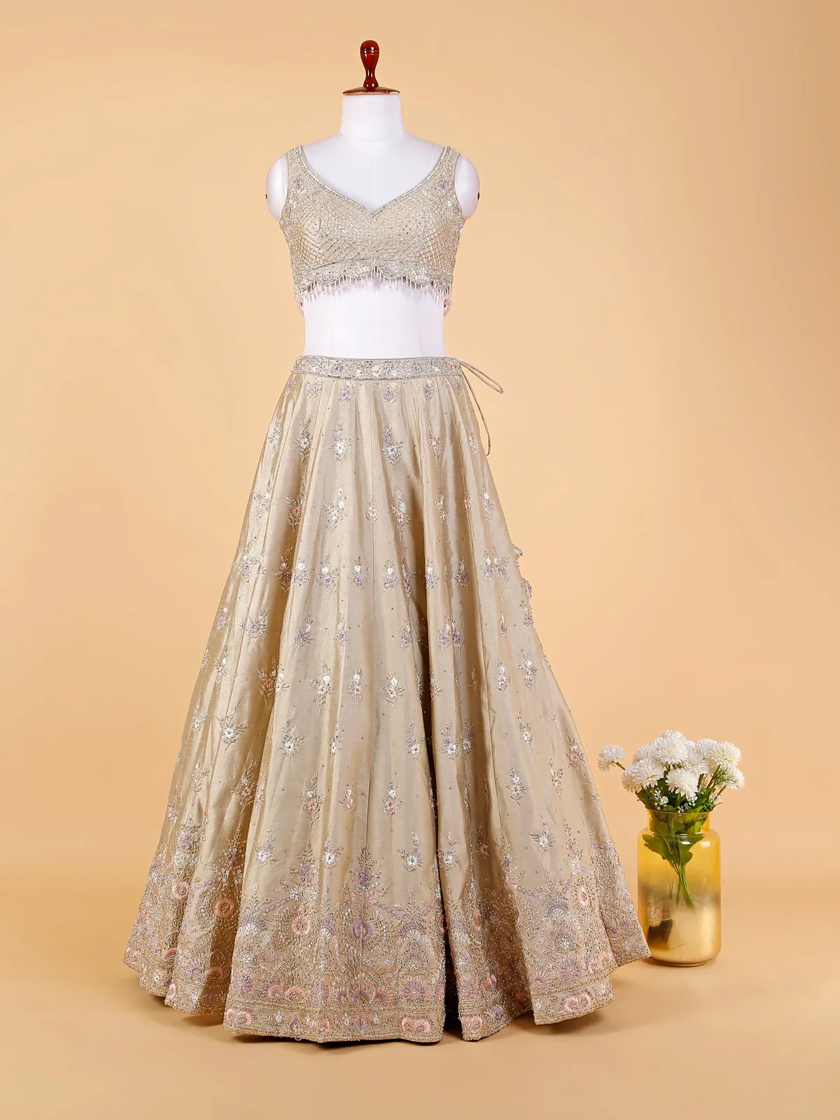 Beige traditional silk wedding lehenga choli