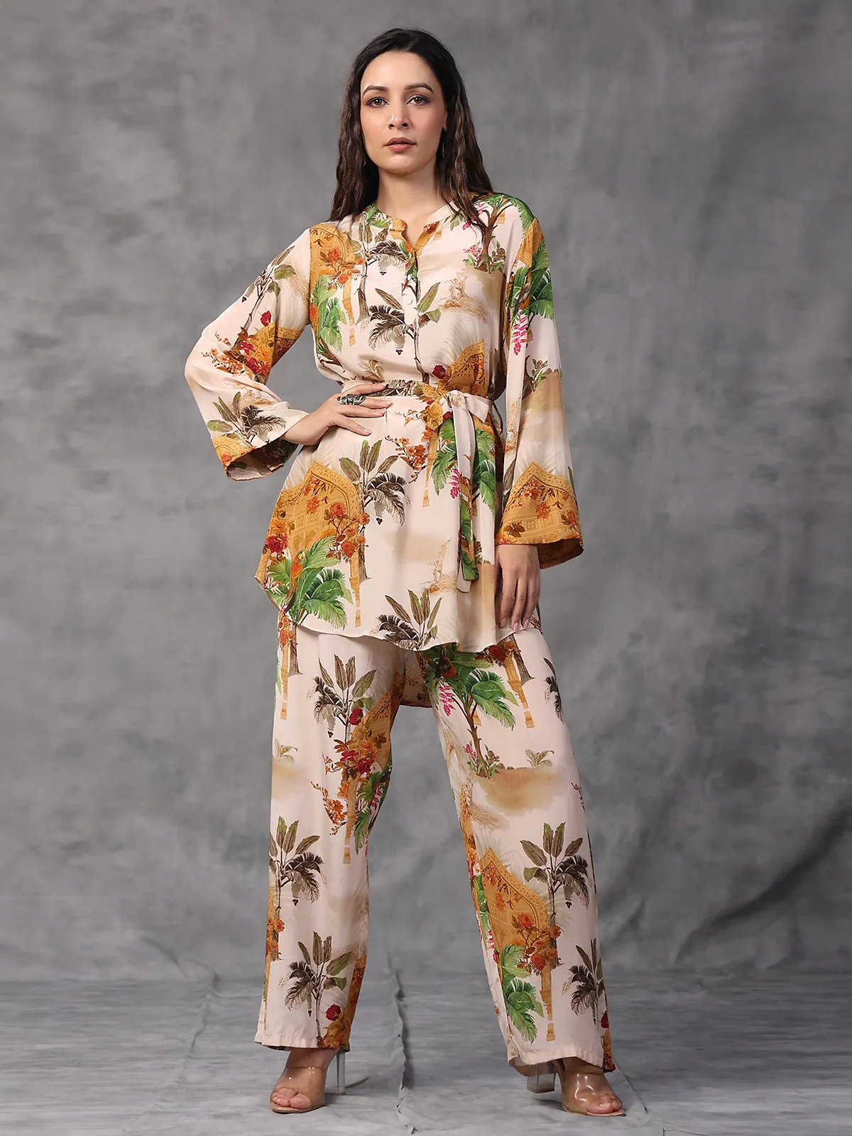 Beige viscose crepe printed co ord set