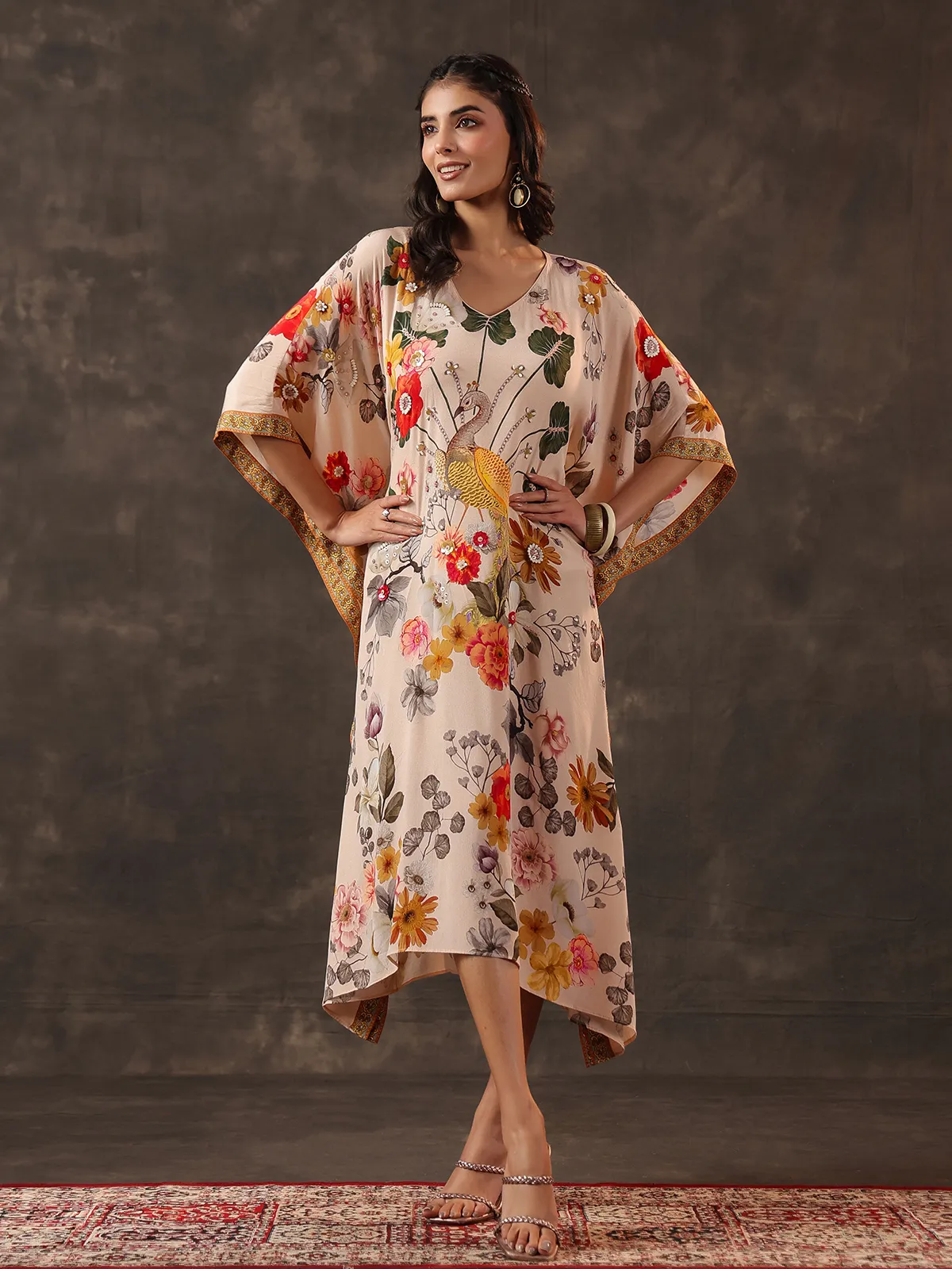 Beige viscose crepe printed kaftan style embellished festive kurti