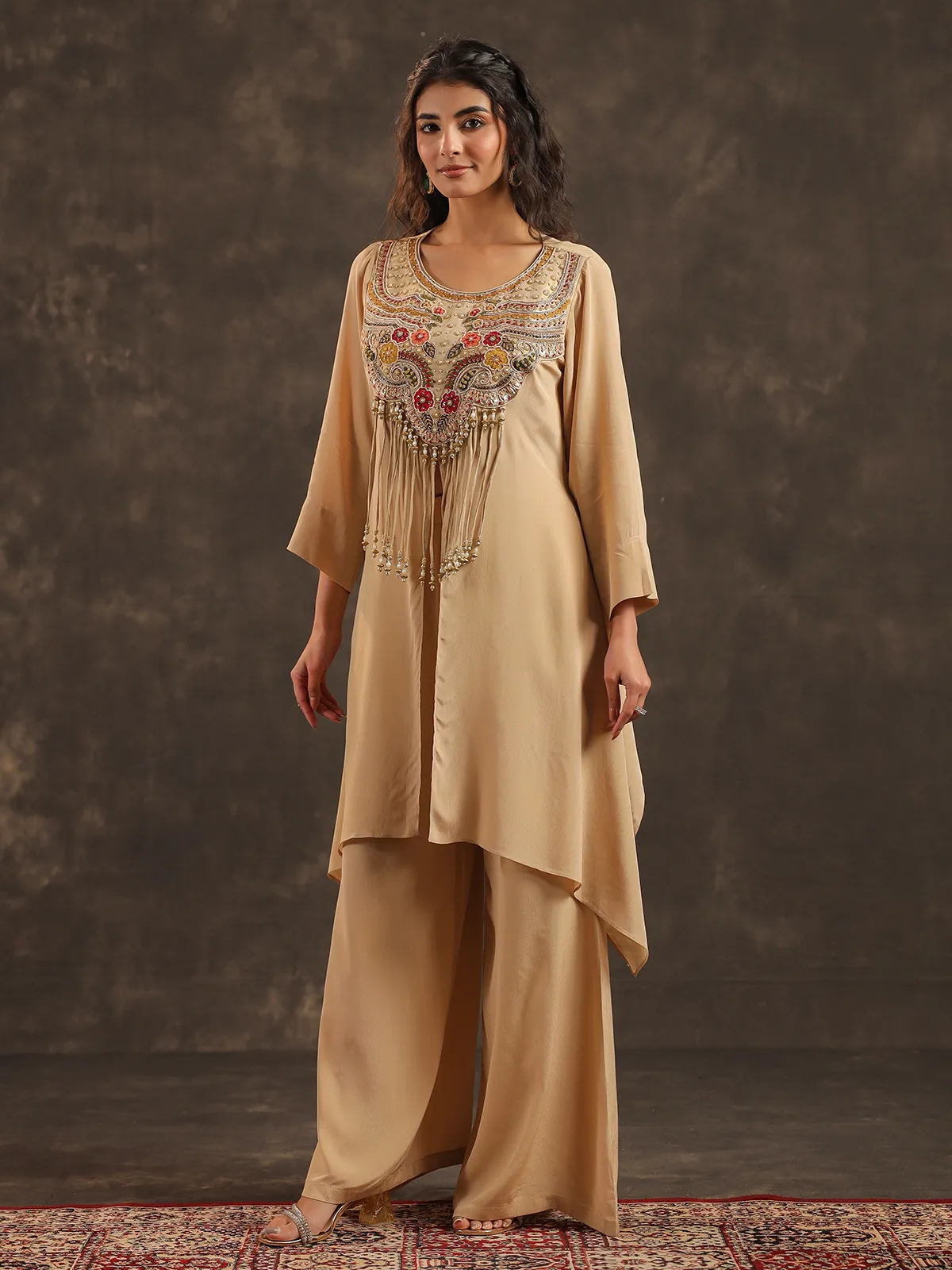 Beige viscose crepe yoke style palazzo suit with embellishments