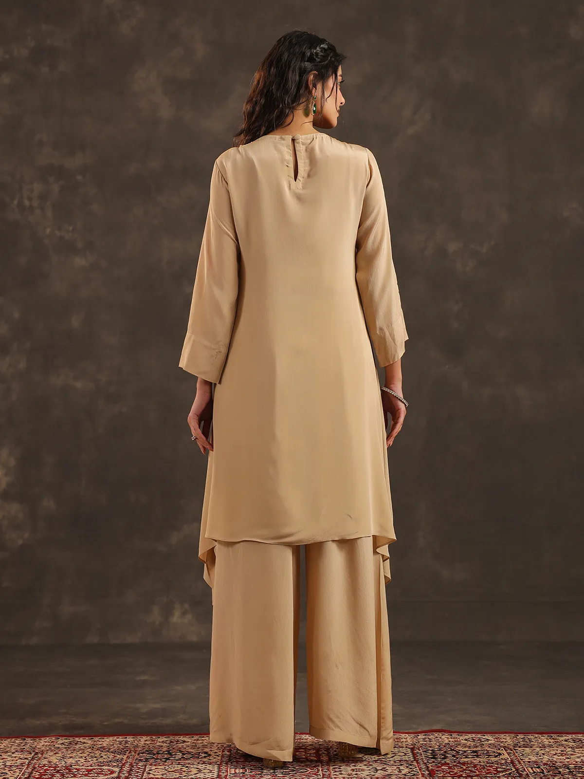 Beige viscose crepe yoke style palazzo suit with embellishments