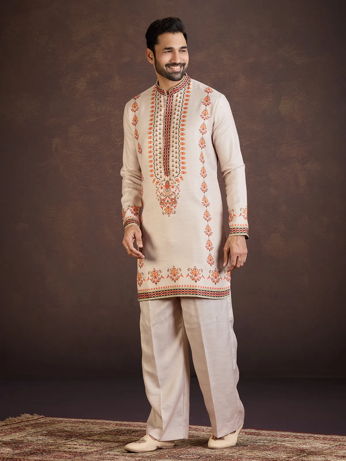 Beige wedding wear soft linen kurta suit with print