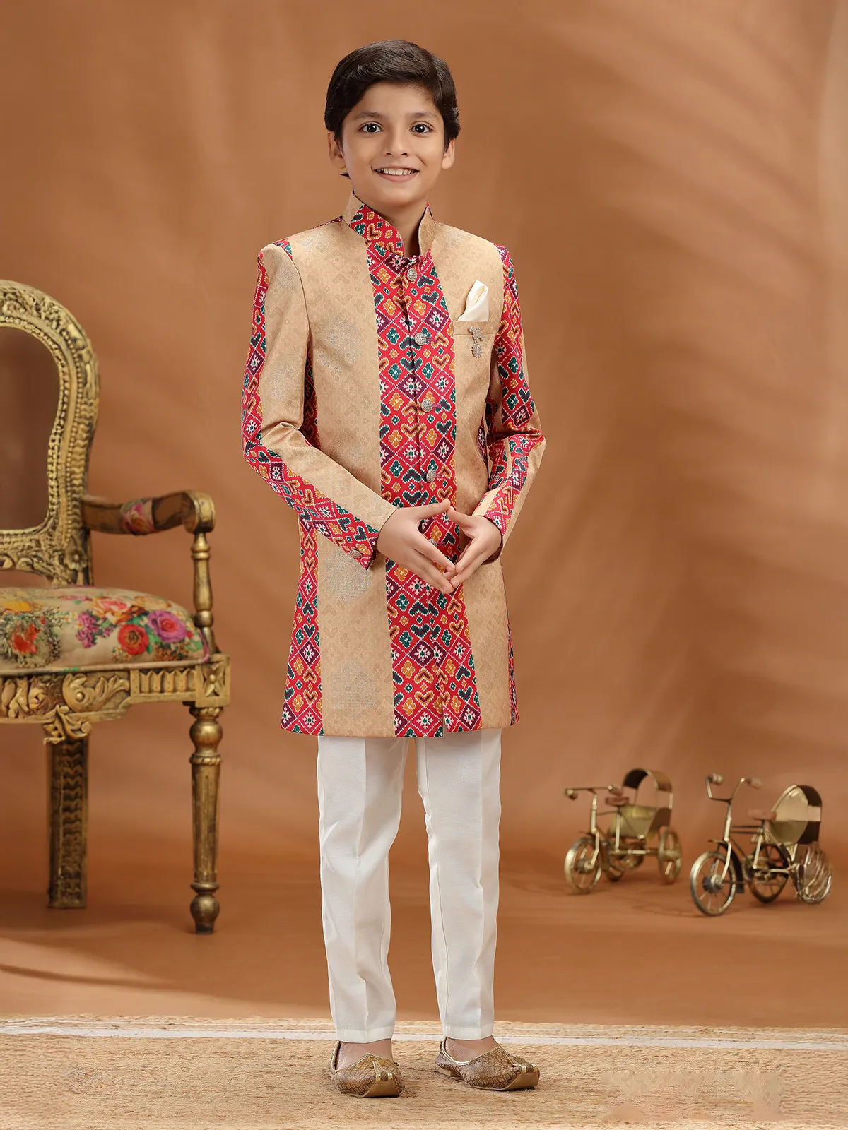 Beige zari printed silk indo western outfit