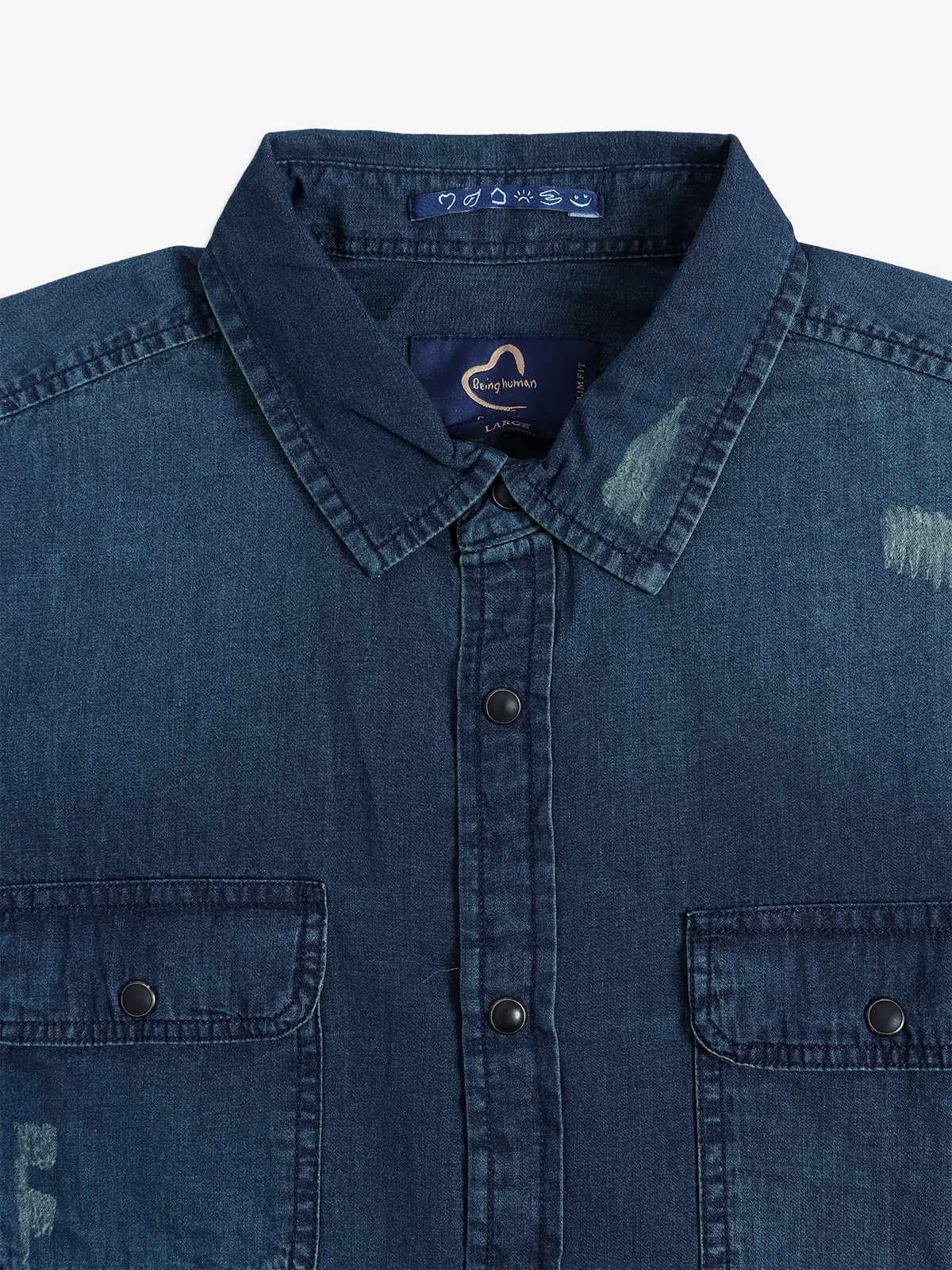 BEING HUMAN navy washed denim shirt