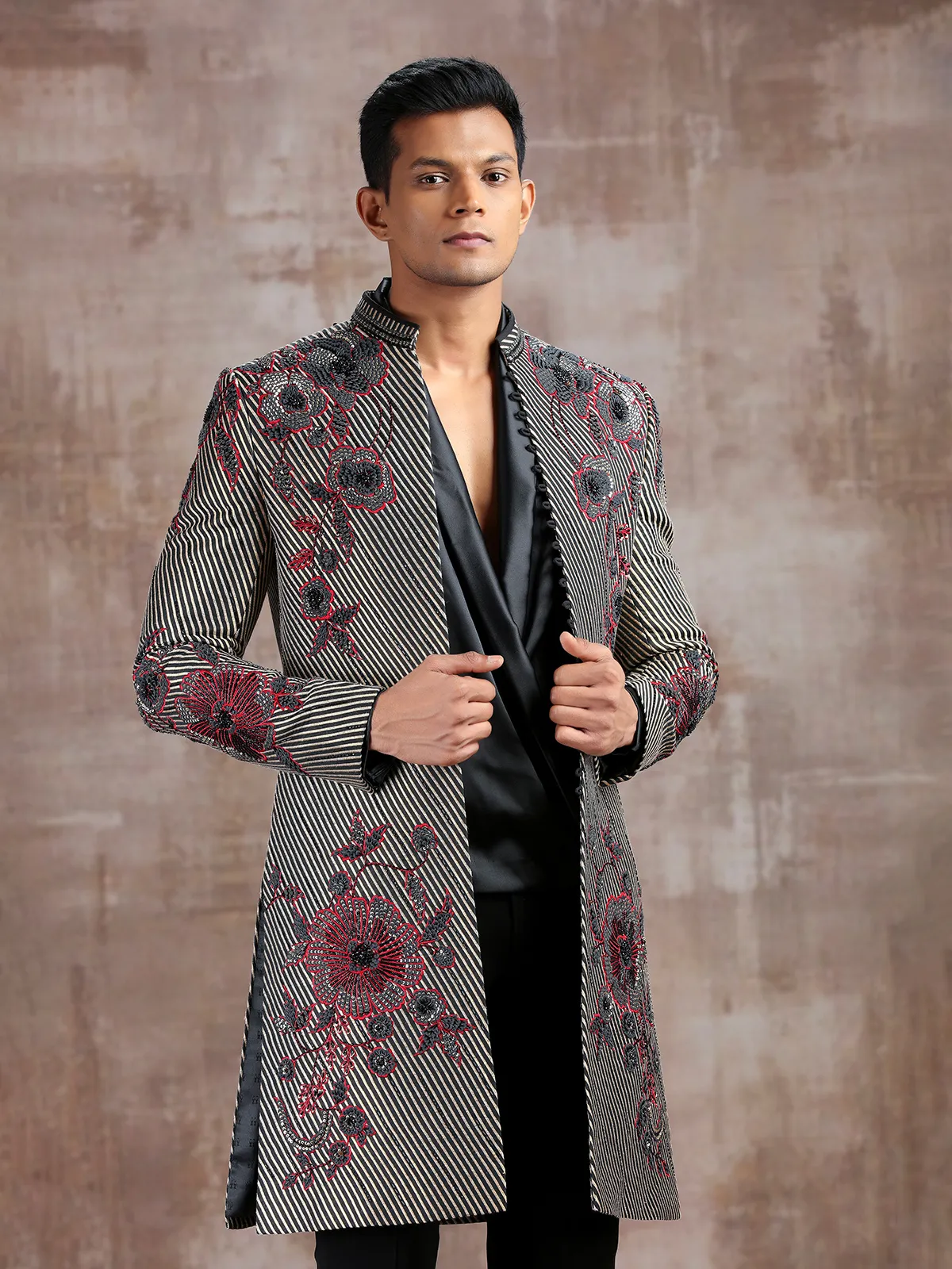Black And Gold Silk Indo Western With Cutdana Detailing