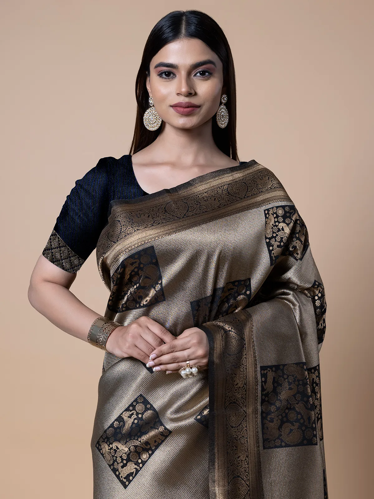 Black and grey silk zari weaving saree