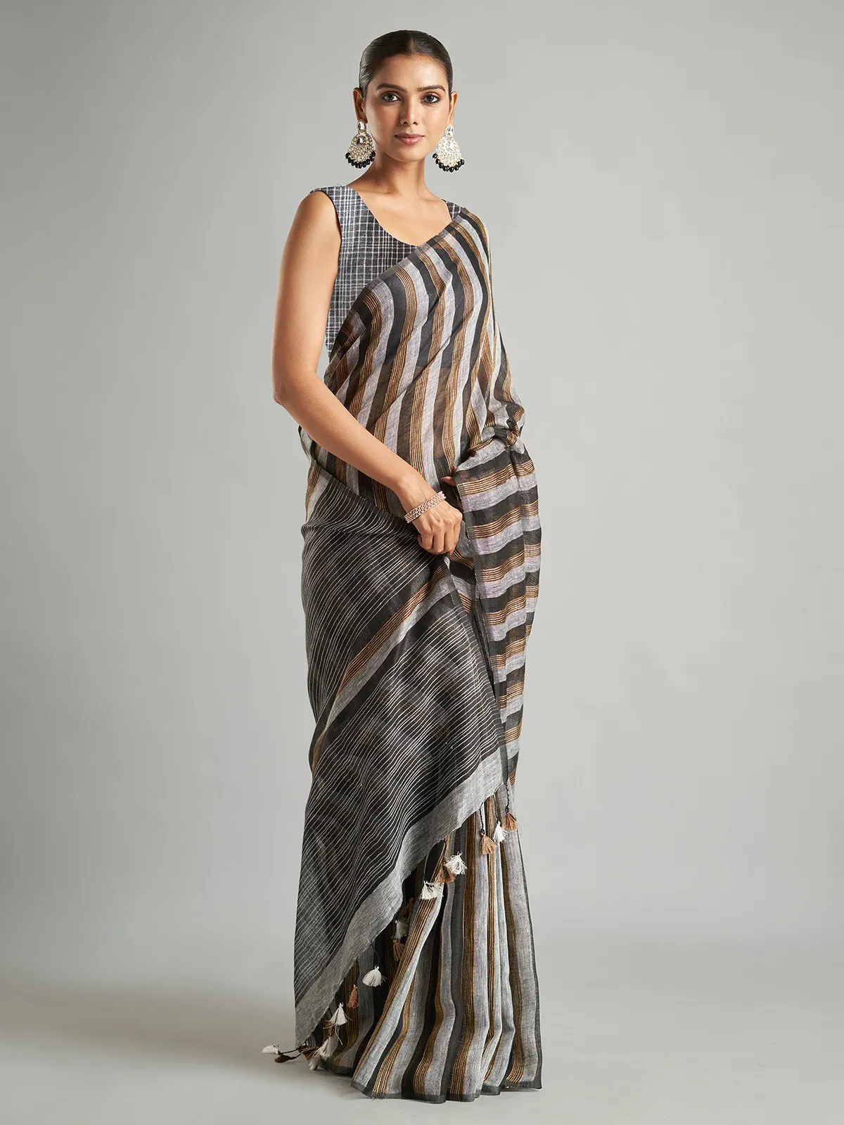 Black and grey stripe saree