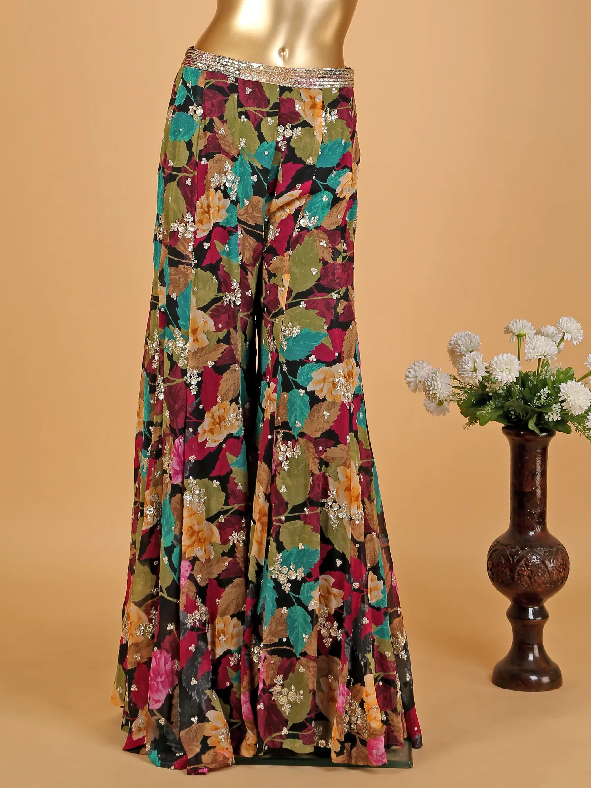 Black and olive printed georgette palazzo suit