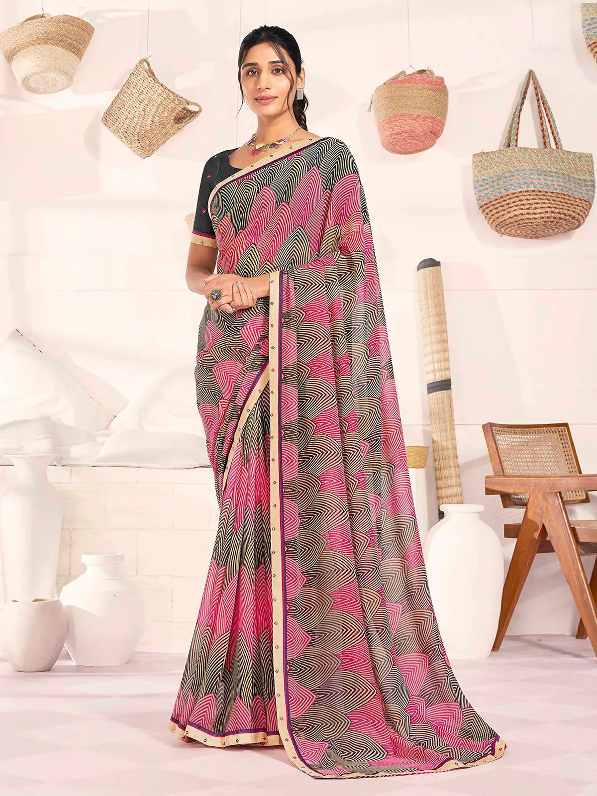 Black and pink printed georgette saree