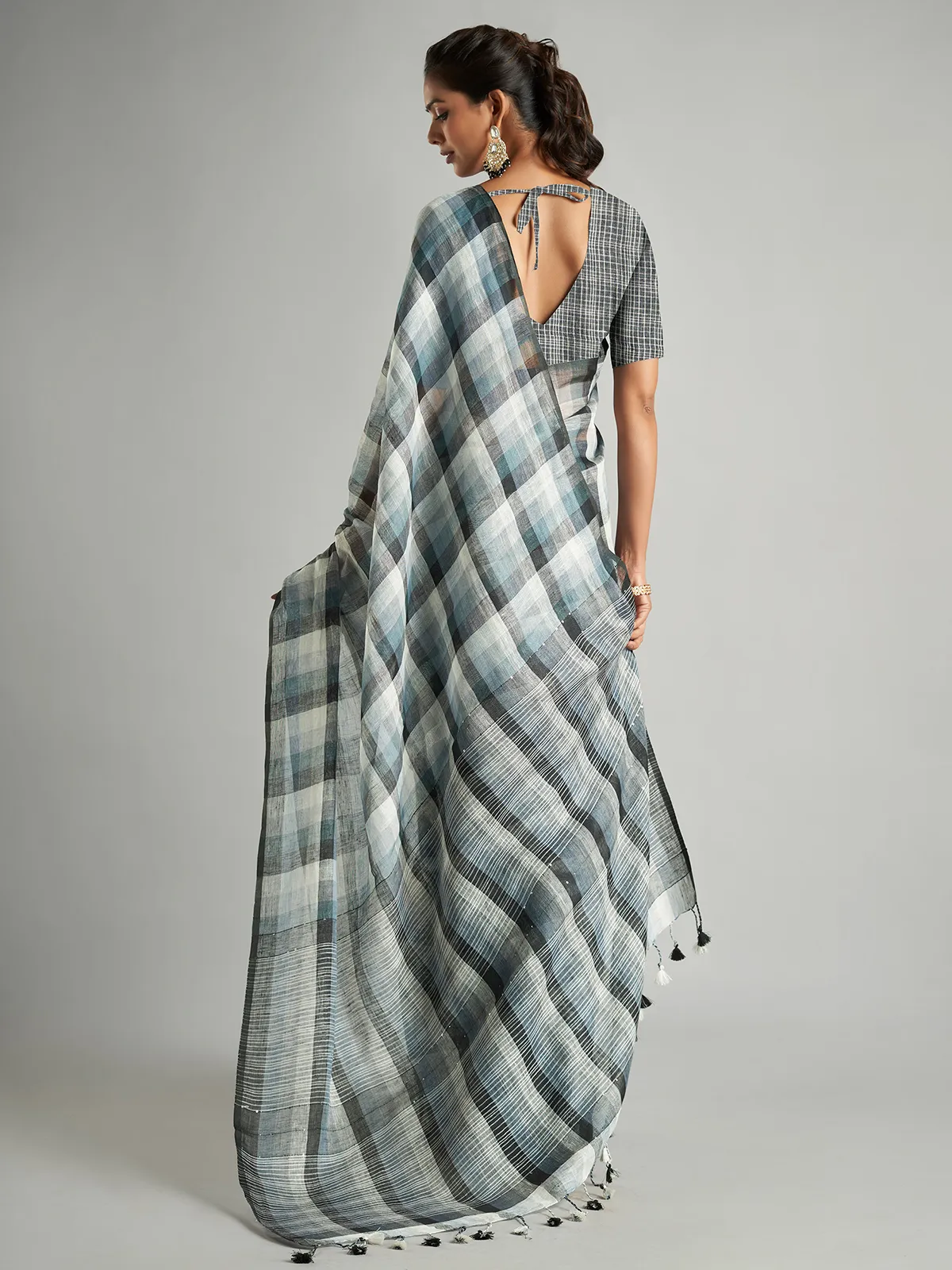 Black and white checks cotton linen saree