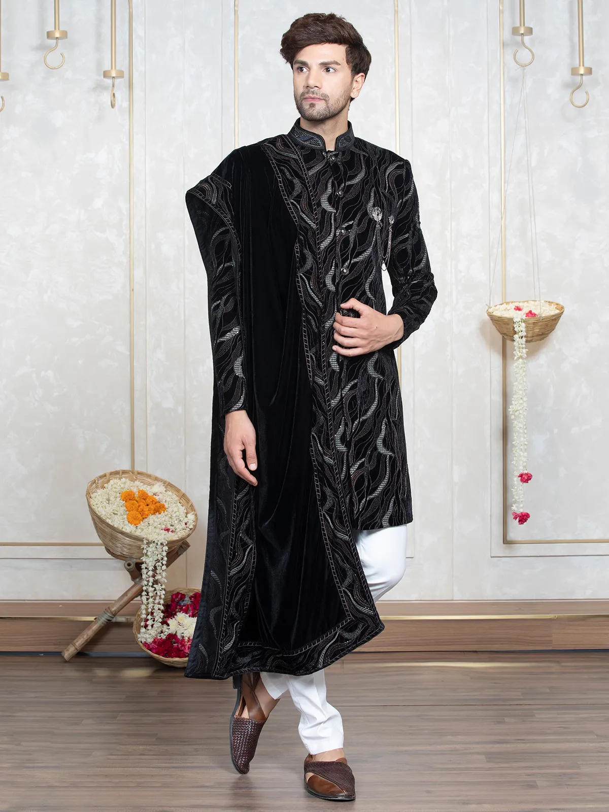 Black and white embroidery indowestern