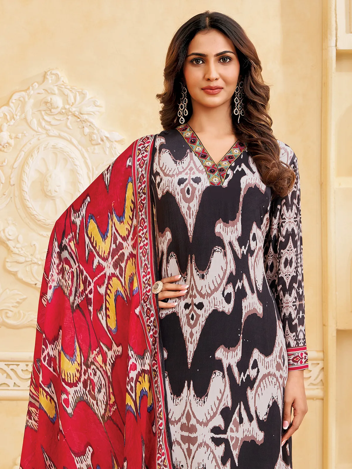 Black and white silk printed festive salwar suit