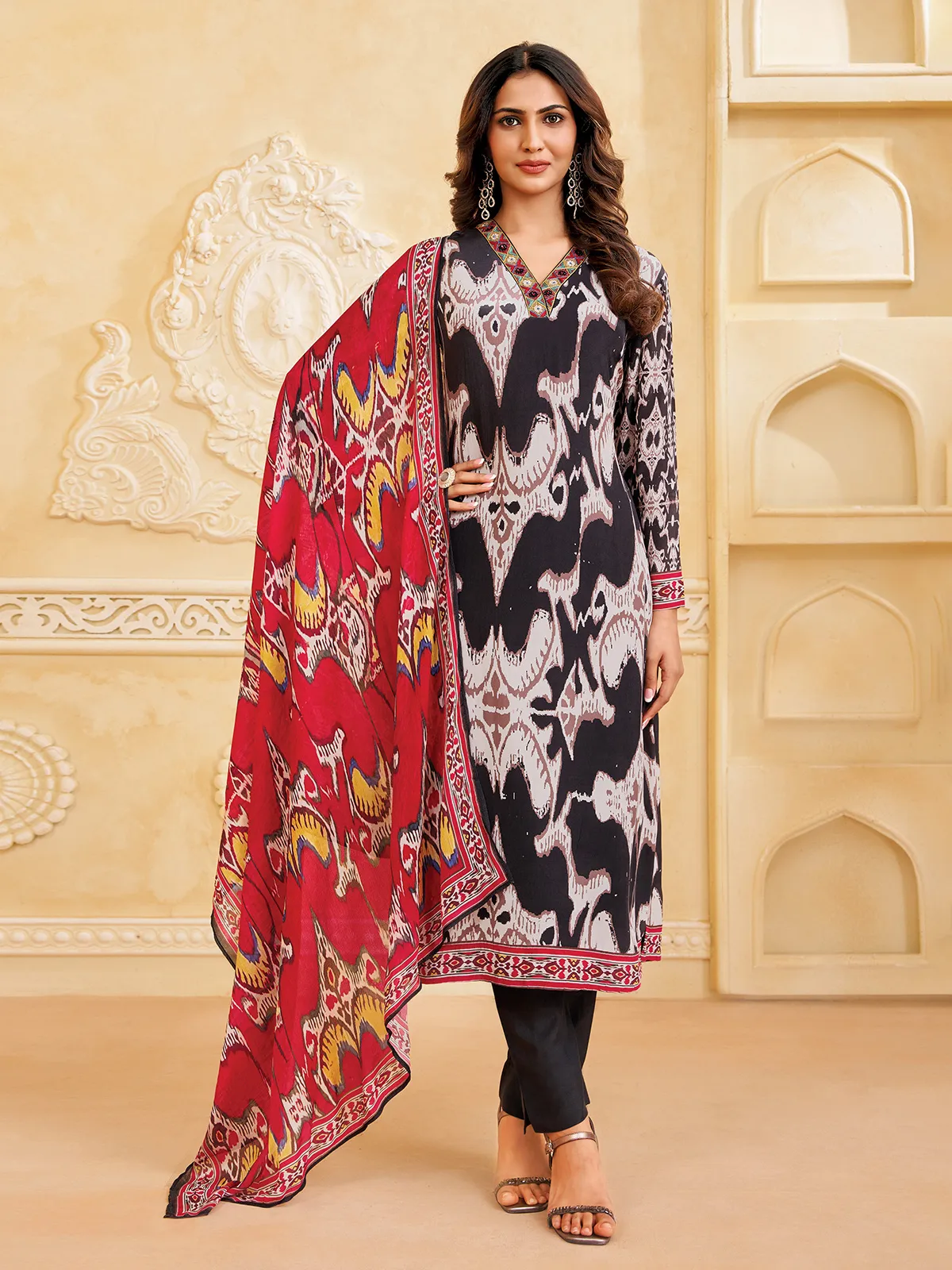 Black and white silk printed festive salwar suit