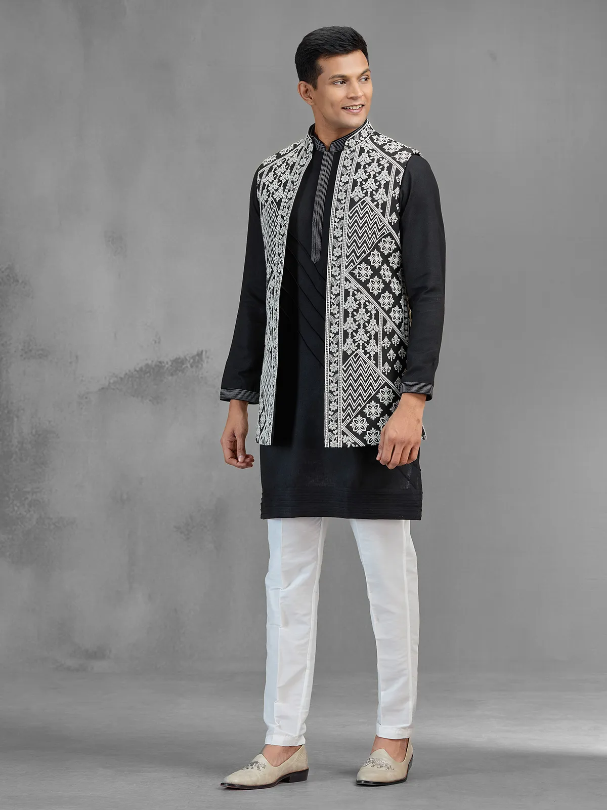 Black art silk embroidered mens waistcoat set for men