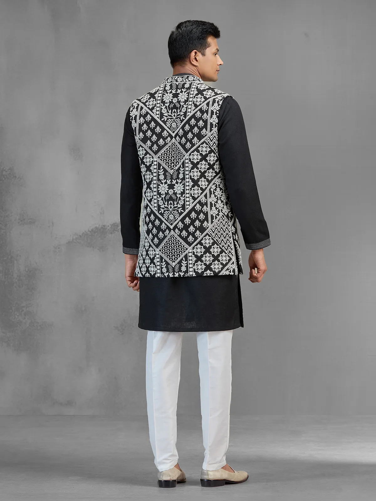 Black art silk embroidered mens waistcoat set for men