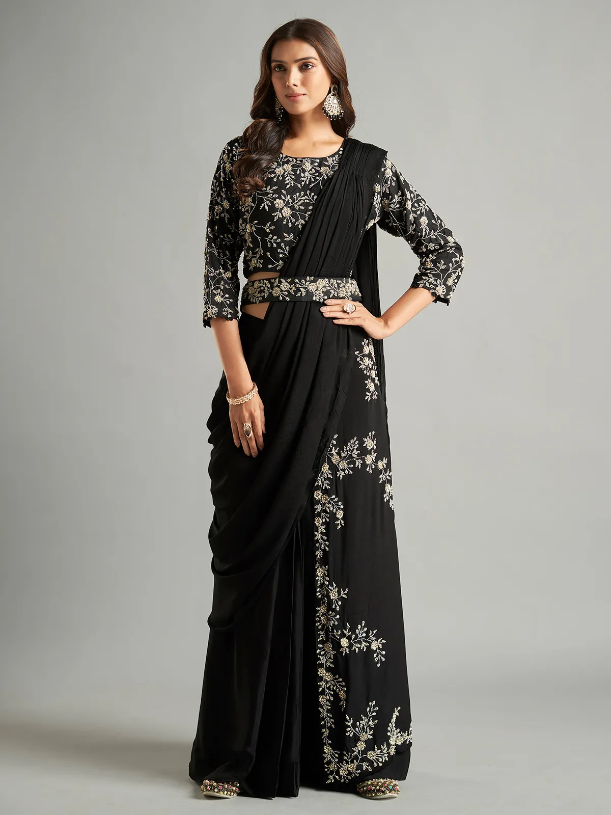 Black chiffon pre-drape saree