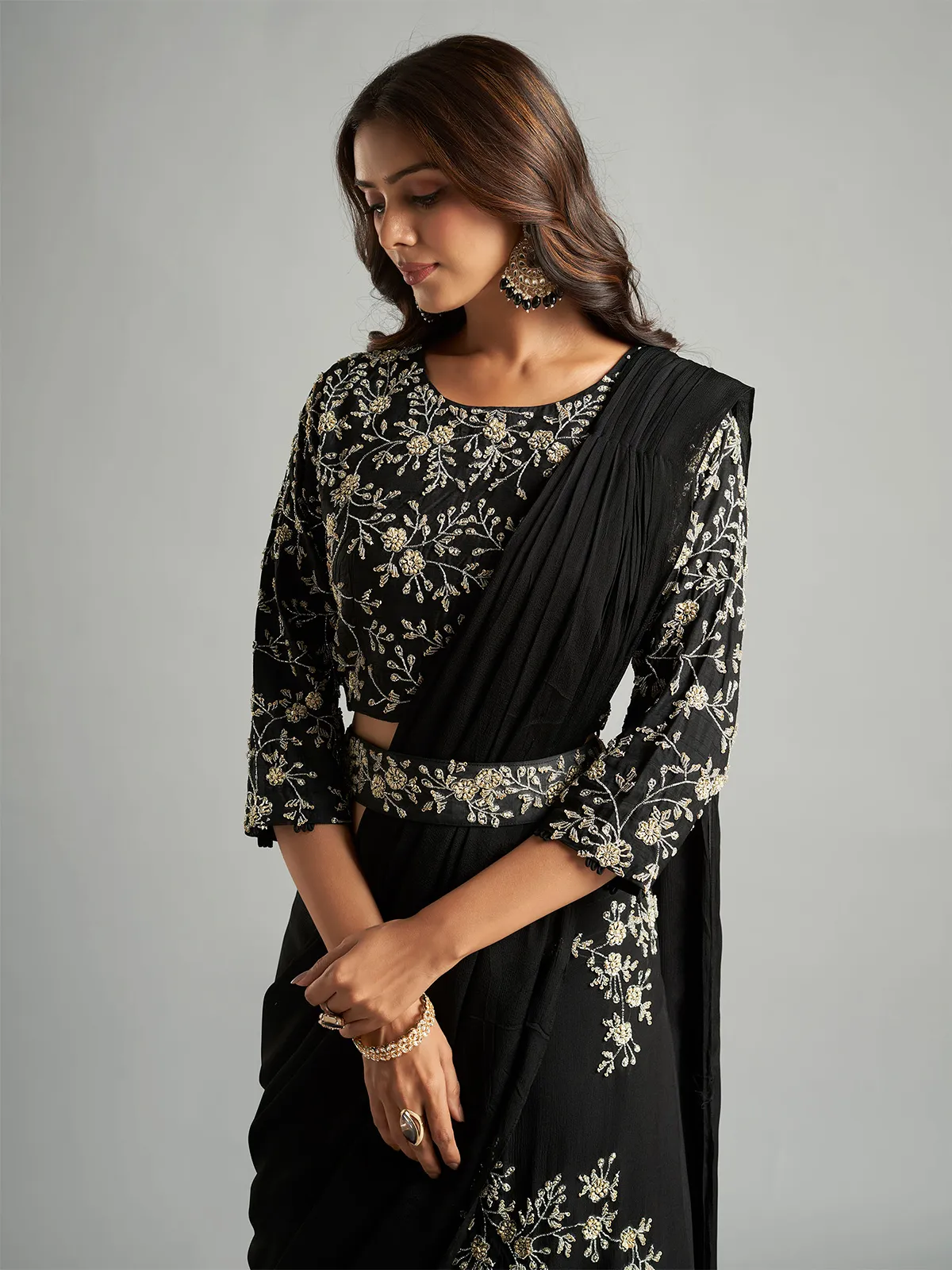 Black chiffon pre-drape saree