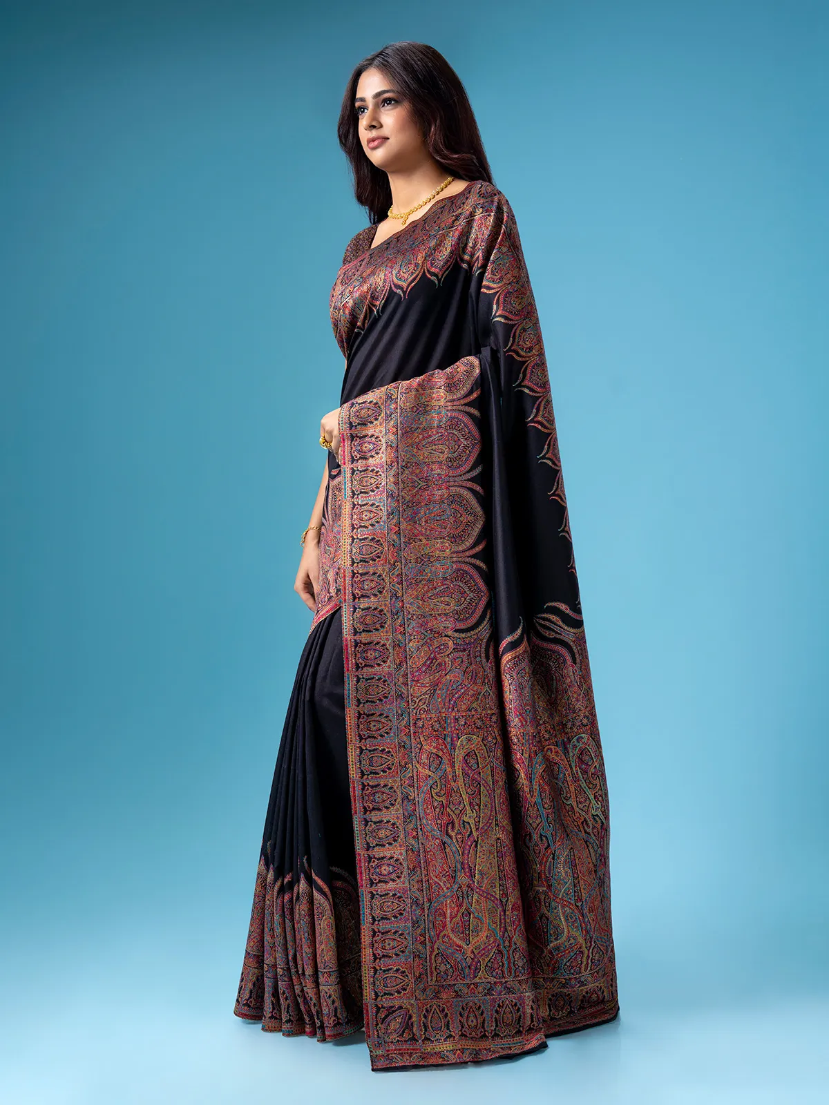 Black pashmina silk kashmiri weaving saree