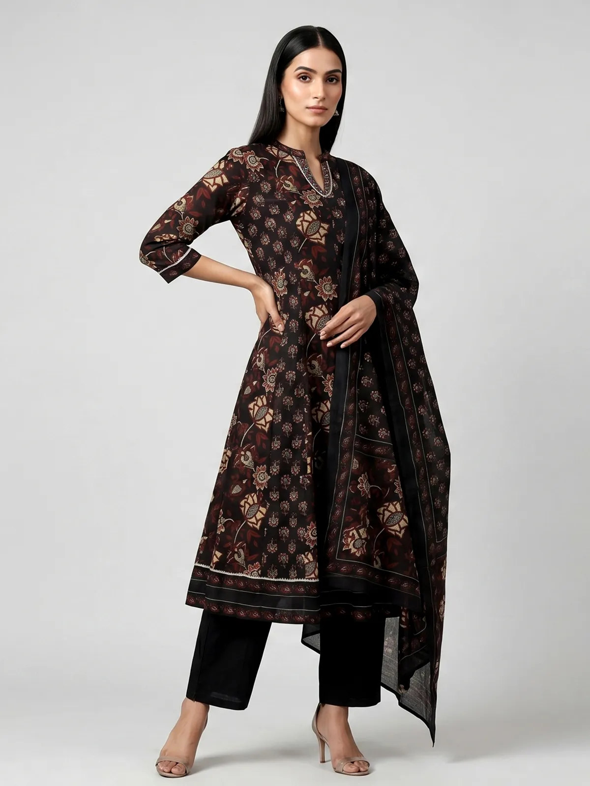 Black cotton kurti set with floral printed elegance