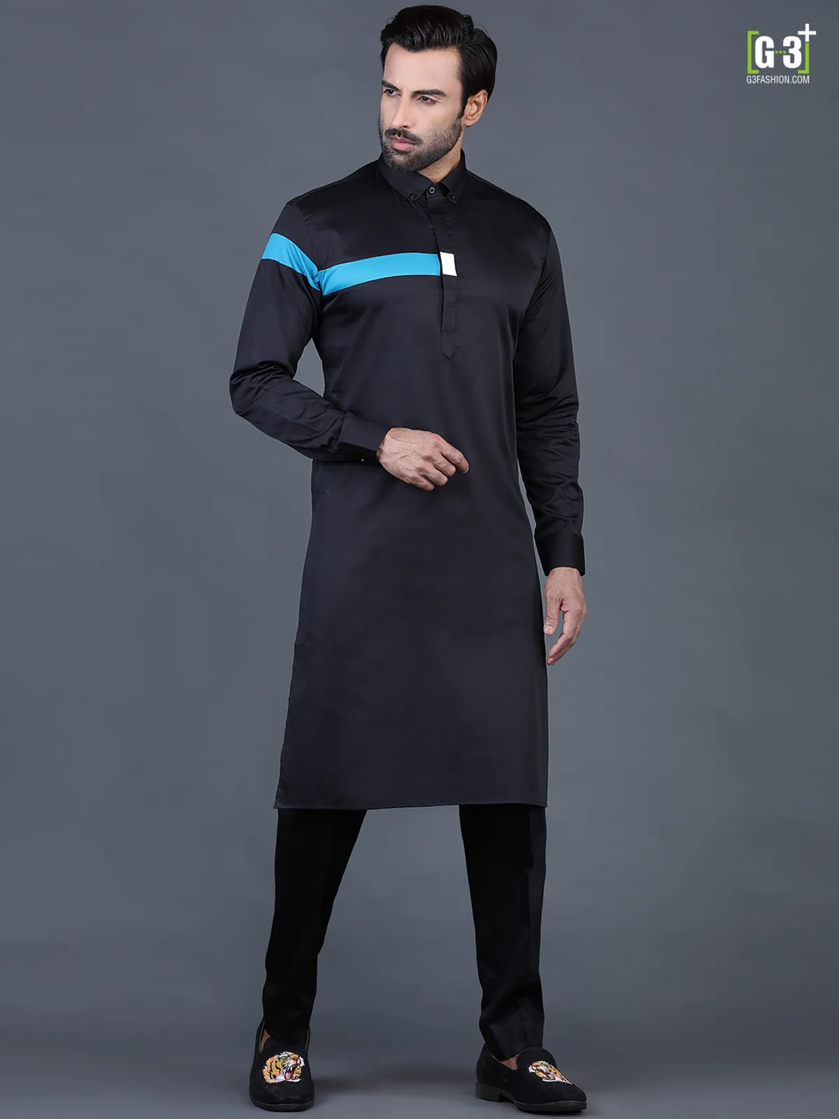 Black cotton solid men pathani suit for festive occasions