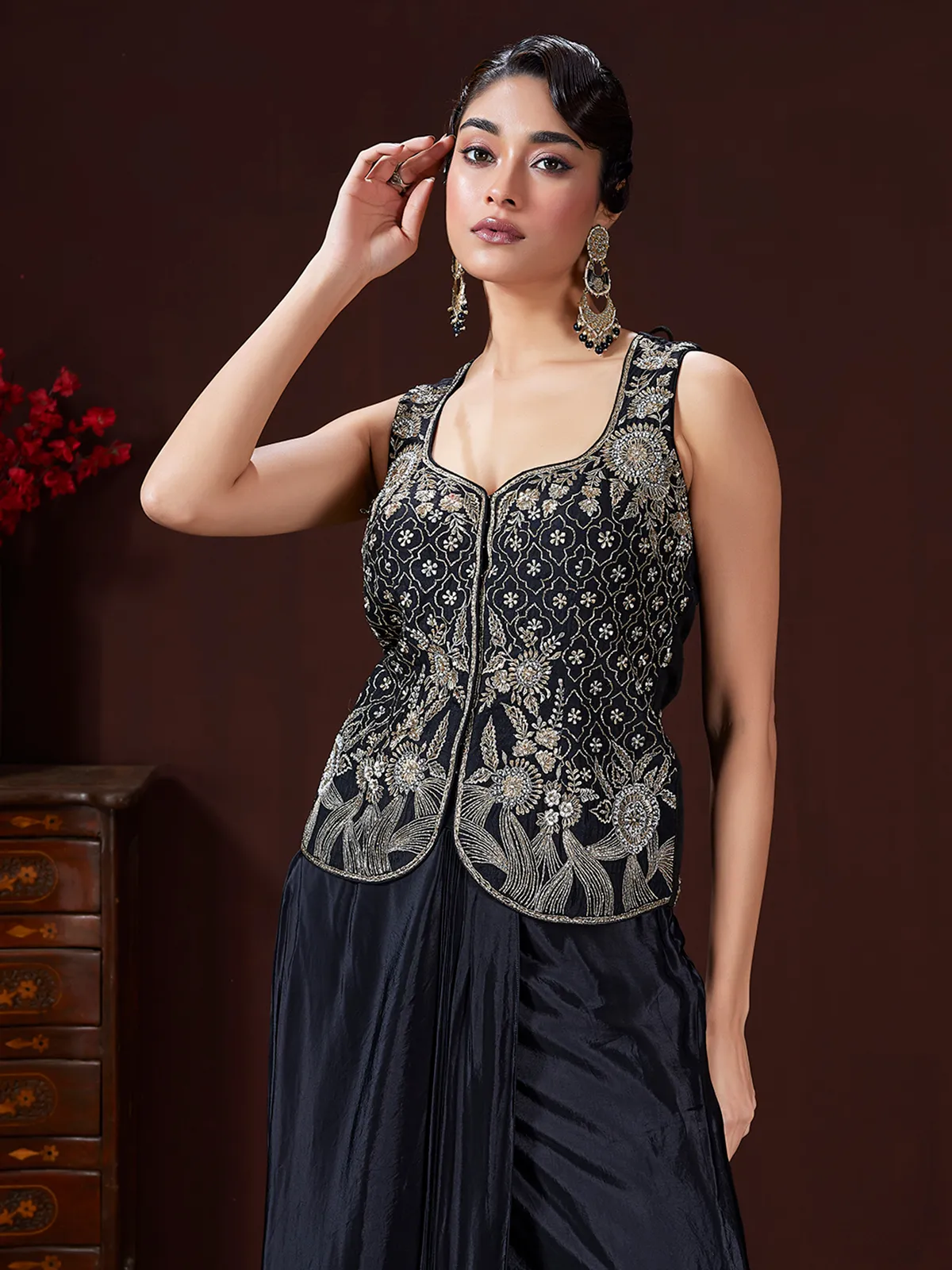 Black crepe indowestern suit for women