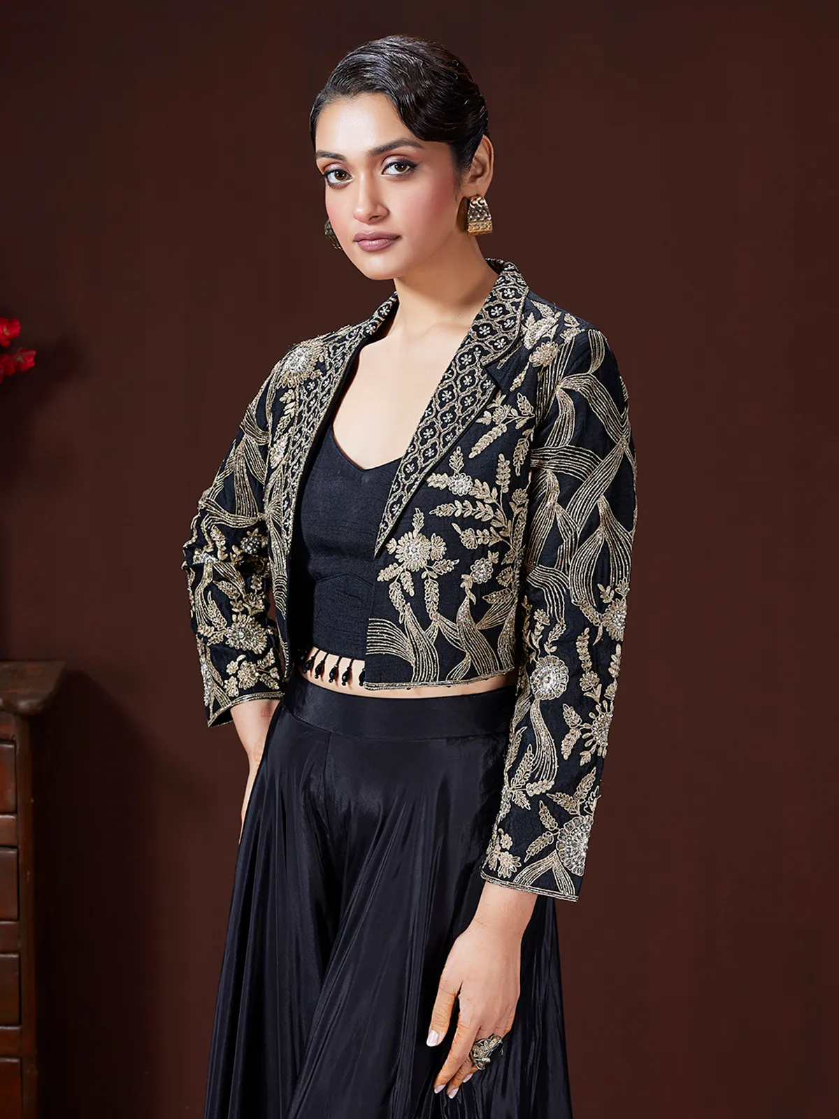 Black crepe silk palazzo suit with jacket