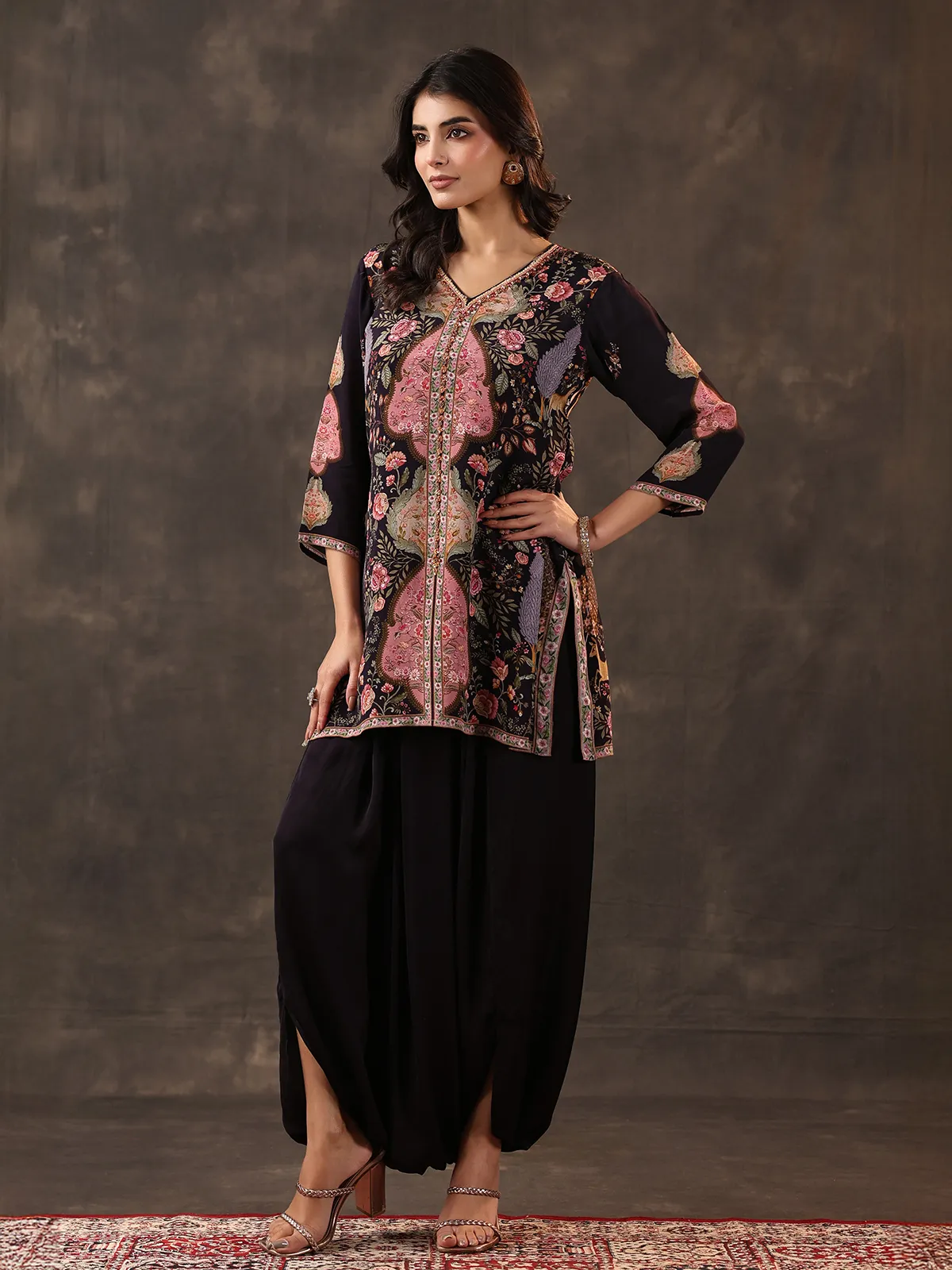 Black crepe silk printed designer dhoti suit