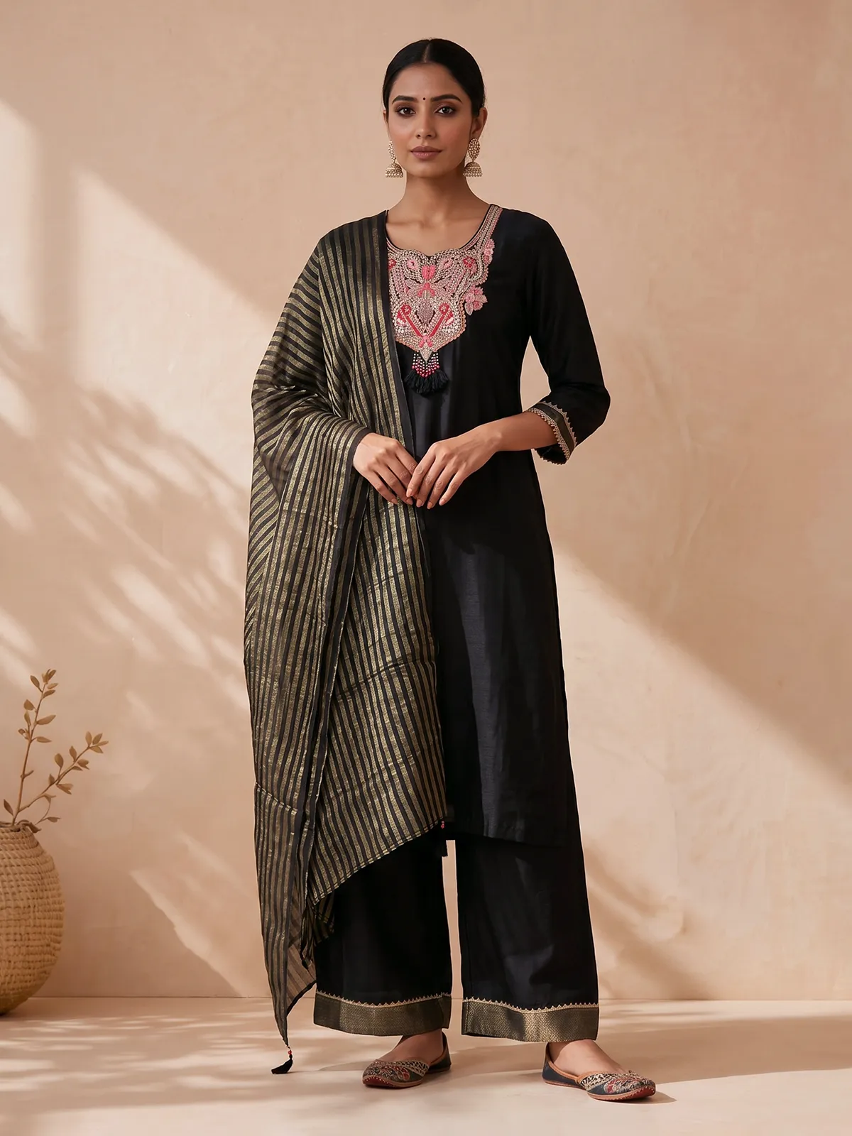 Black designer crepe silk palazzo suit