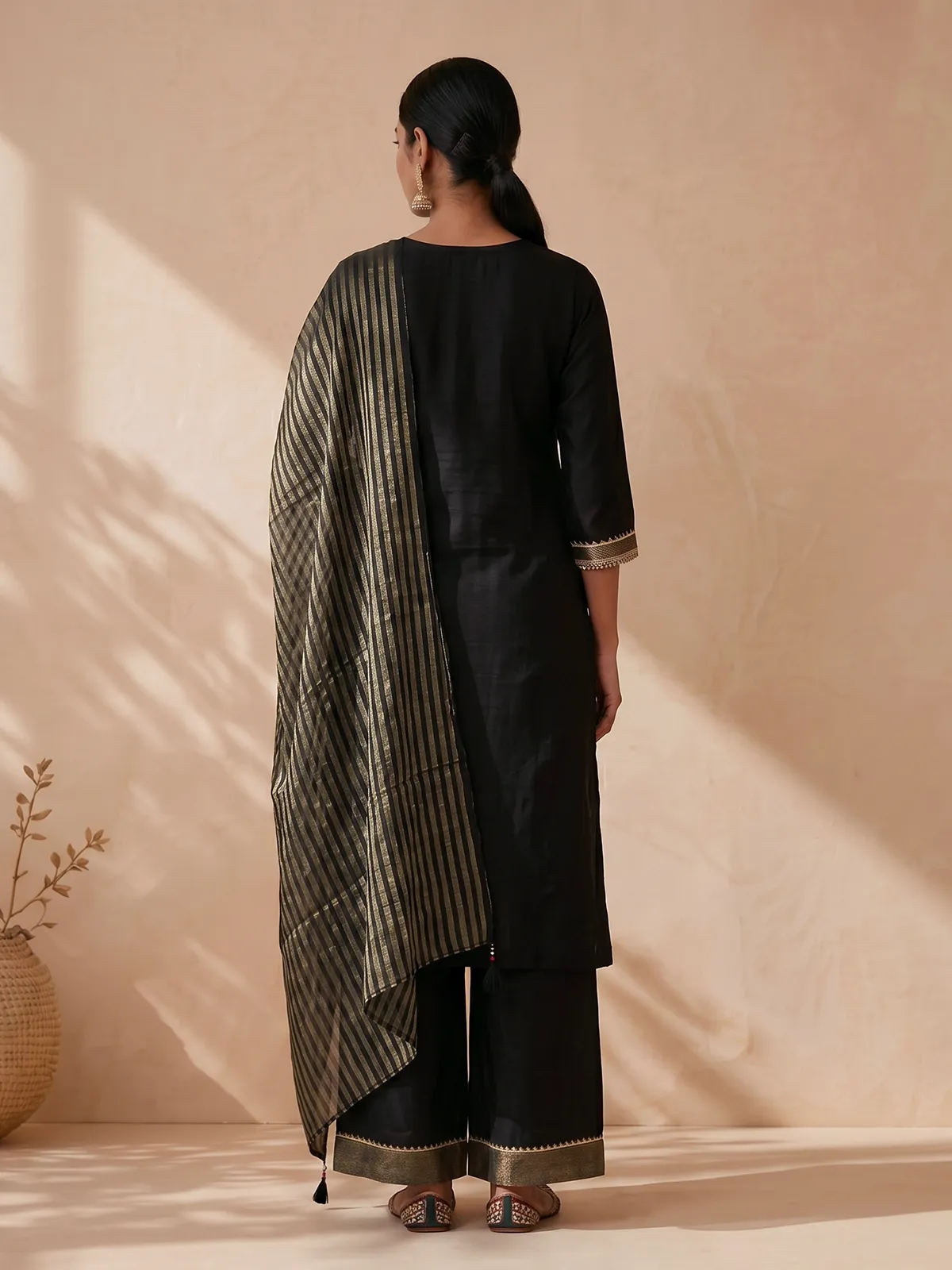 Black designer crepe silk palazzo suit